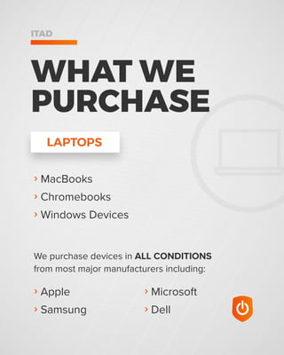 WHAT WE
PURCHASE
ITAD
› MacBooks
› Chromebooks
› Windows Devices
› Microsoft
› Dell
› Apple
› Samsung
LAPTOPS
We purchase devices in ALL CONDITIONS
from most major manufacturers including:
 