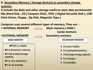 B- Secondary Memory ( Storage devices) or secondary storage
systems:
It include the disks and other storage media to store data permanently
like.(Hard Disk , CD ( Compact Disk) , DVD ( Digital Versatile Disk ), USB
Flash Drives, Floppy , Zip Disk, Magnetic Tape ).
Computer uses several different types of memory. They are: -
• INTERNAL MEMORY Main memory ( RAM )
Cache memory
•EXTERNAL MEMORY Secondary memory
MAIN MEMORY SECONDARY MEMORY
RAM is volatile.
It is temporary memory.
It has limited storage
capacity.
It is very expensive.
It is not portable.
 
