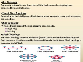 •Bus Topology
Commonly referred to as a linear bus, all the devices on a bus topology are
connected by one single cable.
•Star & Tree Topology
Depending on the intelligence of hub, two or more computers may send message at
the same time
•Ring Topology
•A frame travels around the ring, stopping at each node.
Single ring
Dual ring
•Mesh Topology
The mesh topology connects all devices (nodes) to each other for redundancy and
fault tolerance. Like those used by banks and financial institutions. Mesh topology is
expensive and difficult.
 