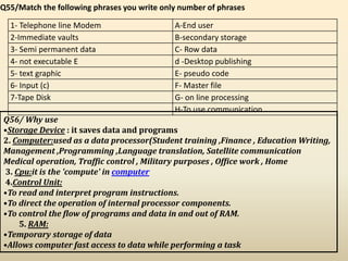 A-End user1- Telephone line Modem
B-secondary storage2-Immediate vaults
C- Row data3- Semi permanent data
d -Desktop publishing4- not executable E
E- pseudo code5- text graphic
F- Master file6- Input (c)
G- on line processing7-Tape Disk
H-To use communication
Q55/Match the following phrases you write only number of phrases
Q56/ Why use
•Storage Device : it saves data and programs
2. Computer:used as a data processor(Student training ,Finance , Education Writing,
Management ,Programming ,Language translation, Satellite communication
Medical operation, Traffic control , Military purposes , Office work , Home
3. Cpu:it is the 'compute' in computer
4.Control Unit:
•To read and interpret program instructions.
•To direct the operation of internal processor components.
•To control the flow of programs and data in and out of RAM.
5. RAM:
•Temporary storage of data
•Allows computer fast access to data while performing a task
 