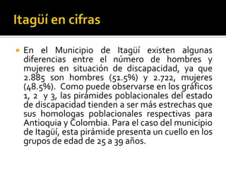    En el Municipio de Itagüí existen algunas
    diferencias entre el número de hombres y
    mujeres en situación de discapacidad, ya que
    2.885 son hombres (51.5%) y 2.722, mujeres
    (48.5%). Como puede observarse en los gráficos
    1, 2 y 3, las pirámides poblacionales del estado
    de discapacidad tienden a ser más estrechas que
    sus homologas poblacionales respectivas para
    Antioquia y Colombia. Para el caso del municipio
    de Itagüí, esta pirámide presenta un cuello en los
    grupos de edad de 25 a 39 años.
 