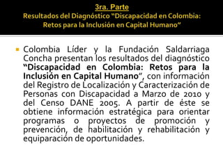    Colombia Líder y la Fundación Saldarriaga
    Concha presentan los resultados del diagnóstico
    “Discapacidad en Colombia: Retos para la
    Inclusión en Capital Humano”, con información
    del Registro de Localización y Caracterización de
    Personas con Discapacidad a Marzo de 2010 y
    del Censo DANE 2005. A partir de éste se
    obtiene información estratégica para orientar
    programas o proyectos de promoción y
    prevención, de habilitación y rehabilitación y
    equiparación de oportunidades.
 