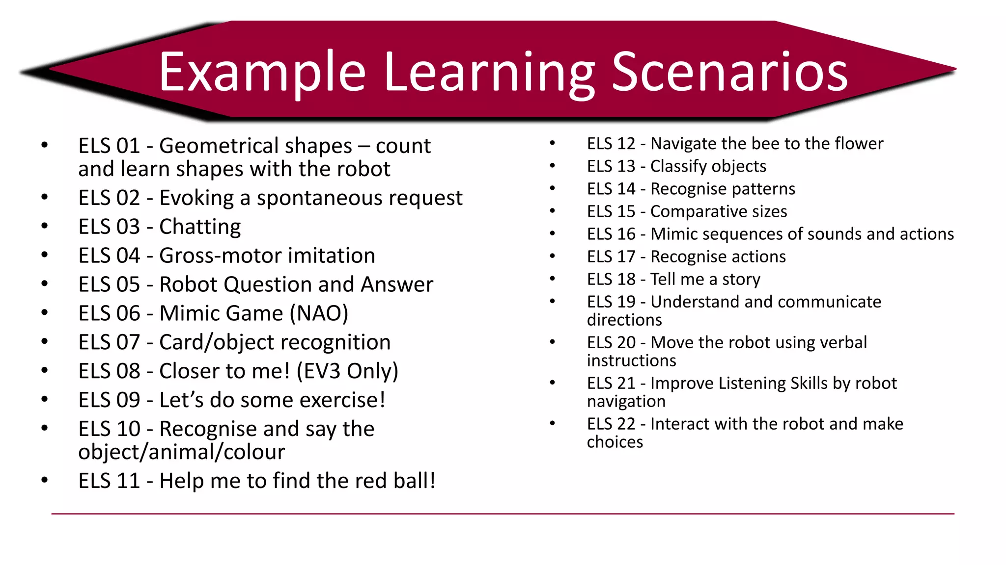 Example Learning Scenarios
• ELS 01 - Geometrical shapes – count
and learn shapes with the robot
• ELS 02 - Evoking a spontaneous request
• ELS 03 - Chatting
• ELS 04 - Gross-motor imitation
• ELS 05 - Robot Question and Answer
• ELS 06 - Mimic Game (NAO)
• ELS 07 - Card/object recognition
• ELS 08 - Closer to me! (EV3 Only)
• ELS 09 - Let’s do some exercise!
• ELS 10 - Recognise and say the
object/animal/colour
• ELS 11 - Help me to find the red ball!
• ELS 12 - Navigate the bee to the flower
• ELS 13 - Classify objects
• ELS 14 - Recognise patterns
• ELS 15 - Comparative sizes
• ELS 16 - Mimic sequences of sounds and actions
• ELS 17 - Recognise actions
• ELS 18 - Tell me a story
• ELS 19 - Understand and communicate
directions
• ELS 20 - Move the robot using verbal
instructions
• ELS 21 - Improve Listening Skills by robot
navigation
• ELS 22 - Interact with the robot and make
choices
 