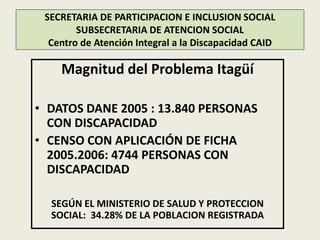 SECRETARIA DE PARTICIPACION E INCLUSION SOCIAL
        SUBSECRETARIA DE ATENCION SOCIAL
  Centro de Atención Integral a la Discapacidad CAID

    Magnitud del Problema Itagüí

• DATOS DANE 2005 : 13.840 PERSONAS
  CON DISCAPACIDAD
• CENSO CON APLICACIÓN DE FICHA
  2005.2006: 4744 PERSONAS CON
  DISCAPACIDAD

  SEGÚN EL MINISTERIO DE SALUD Y PROTECCION
  SOCIAL: 34.28% DE LA POBLACION REGISTRADA
 