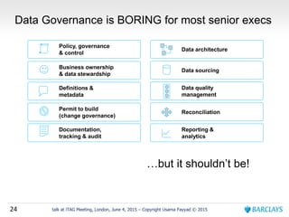 24 talk at iTAG Meeting, London, June 4, 2015 – Copyright Usama Fayyad © 2015
Data Governance is BORING for most senior execs
Policy, governance
& control
Business ownership
& data stewardship
Definitions &
metadata
Permit to build
(change governance)
Reporting &
analytics
Data architecture
Data sourcing
Reconciliation
Data quality
management
Documentation,
tracking & audit
…but it shouldn’t be!
 