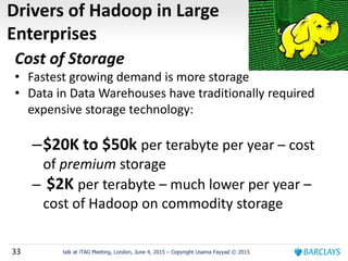 33 talk at iTAG Meeting, London, June 4, 2015 – Copyright Usama Fayyad © 2015
Drivers of Hadoop in Large
Enterprises
Cost of Storage
• Fastest growing demand is more storage
• Data in Data Warehouses have traditionally required
expensive storage technology:
–$20K to $50k per terabyte per year – cost
of premium storage
– $2K per terabyte – much lower per year –
cost of Hadoop on commodity storage
 