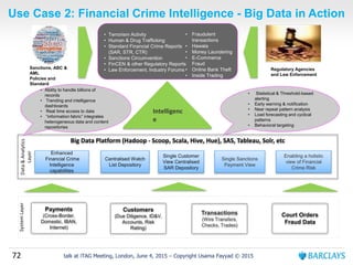 72 talk at iTAG Meeting, London, June 4, 2015 – Copyright Usama Fayyad © 2015
SystemLayer
Big Data Platform (Hadoop - Scoop, Scala, Hive, Hue), SAS, Tableau, Solr, etc
Single Sanctions
Payment View
Centralised Watch
List Depository
Single Customer
View Centralised
SAR Depository
Enabling a holistic
view of Financial
Crime Risk
Enhanced
Financial Crime
Intelligence
capabilities
Data&Analytics
Layer
Customers
(Due Diligence, ID&V,
Accounts, Risk
Rating)
Transactions
(Wire Transfers,
Checks, Trades)
Payments
(Cross-Border,
Domestic, IBAN,
Internet)
Intelligenc
e
Court Orders
Fraud Data
Use Case 2: Financial Crime Intelligence - Big Data in Action
• Statistical & Threshold-based
alerting
• Early warning & notification
• Near repeat pattern analysis
• Load forecasting and cyclical
patterns
• Behavioral targeting
• Ability to handle billions of
records
• Trending and intelligence
dashboards
• Real time access to data
• “information fabric” integrates
heterogeneous data and content
repositories
• Terrorism Activity
• Human & Drug Trafficking
• Standard Financial Crime Reports
(SAR, STR, CTR)
• Sanctions Circumvention
• FinCEN & other Regulatory Reports
• Law Enforcement, Industry Forums
• Fraudulent
transactions
• Hawala
• Money Laundering
• E-Commerce
Fraud
• Online Bank Theft
• Inside Trading
Sanctions, ABC &
AML
Policies and
Standard
Regulatory Agencies
and Law Enforcement
 