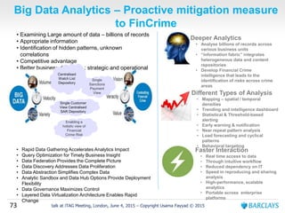 73 talk at iTAG Meeting, London, June 4, 2015 – Copyright Usama Fayyad © 2015
Big Data Analytics – Proactive mitigation measure
to FinCrime
• Examining Large amount of data – billions of records
• Appropriate information
• Identification of hidden patterns, unknown
correlations
• Competitive advantage
• Better business decisions : strategic and operational
Deeper Analytics
• Analyse billions of records across
various business units
• “information fabric” integrates
heterogeneous data and content
repositories
• Develop Financial Crime
intelligence that leads to the
identification of risks across crime
areas
Different Types of Analysis
• Mapping – spatial / temporal
densities
• Trending and intelligence dashboard
• Statistical & Threshold-based
alerting
• Early warning & notification
• Near repeat pattern analysis
• Load forecasting and cyclical
patterns
• Behavioral targeting
Faster Interaction
• Real time access to data
• Through intuitive workflow
• Reduced dependency on IT
• Speed in reproducing and sharing
analysis
• High-performance, scalable
analytics
• Portable across enterprise
platforms
• Rapid Data Gathering Accelerates Analytics Impact
• Query Optimization for Timely Business Insight
• Data Federation Provides the Complete Picture
• Data Discovery Addresses Data Proliferation
• Data Abstraction Simplifies Complex Data
• Analytic Sandbox and Data Hub Options Provide Deployment
Flexibility
• Data Governance Maximizes Control
• Layered Data Virtualization Architecture Enables Rapid
Change
Centralised
Watch List
Depository
Enabling a
holistic view of
Financial
Crime Risk
Single Customer
View Centralised
SAR Depository
Single
Sanctions
Payment
View
 