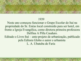 1939 Neste ano começou funcionar o Grupo Escolar do Itaí na propriedade do Sr. Enéas local construído para ser hotel, em frente a Igreja Evangélica, como diretora primeira professora Delfina A Pilla Cauduro. Editado o Livro Itaí – ante-projeto de urbanização, publicado pela Editora Globo o autor o urbanista  L. A. Ubatuba de Faria 