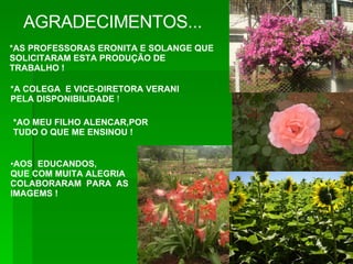 AOS  EDUCANDOS, QUE COM MUITA ALEGRIA  COLABORARAM  PARA  AS IMAGEMS ! AGRADECIMENTOS... *AS PROFESSORAS ERONITA E SOLANGE QUE  SOLICITARAM ESTA PRODUÇÃO DE  TRABALHO ! *A COLEGA  E VICE-DIRETORA VERANI PELA DISPONIBILIDADE  ! *AO MEU FILHO ALENCAR,POR  TUDO O QUE ME ENSINOU ! 