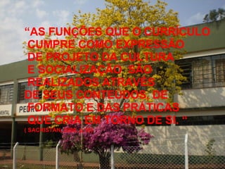 “ AS FUNÇÕES QUE O CURRÍCULO CUMPRE COMO EXPRESSÃO DE PROJETO DA CULTURA E SOCIALIZAÇÃO  SÃO REALIZADOS ATRAVÉS  DE SEUS CONTEÚDOS, DE FORMATO E DAS PRÁTICAS QUE CRIA EM TORNO DE SI. “ ( SACRISTÁN, 2000, p.16 ) 