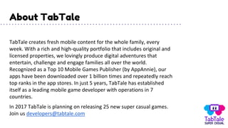 About TabTale
TabTale creates fresh mobile content for the whole family, every
week. With a rich and high-quality portfolio that includes original and
licensed properties, we lovingly produce digital adventures that
entertain, challenge and engage families all over the world.
Recognized as a Top 10 Mobile Games Publisher (by AppAnnie), our
apps have been downloaded over 1 billion times and repeatedly reach
top ranks in the app stores. In just 5 years, TabTale has established
itself as a leading mobile game developer with operations in 7
countries.
In 2017 TabTale is planning on releasing 25 new super casual games.
Join us developers@tabtale.com
38
 