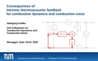 Wolfgang Polifke
2nd Colloquium on
Combustion Dynamics and
Combustion Noise
Menaggio, Sept. 20-22, 2016
Technische Universität München • Professur für Thermofluiddynamik
Consequences of
intrinsic thermoacoustic feedback
for combustion dynamics and combustion noise
 