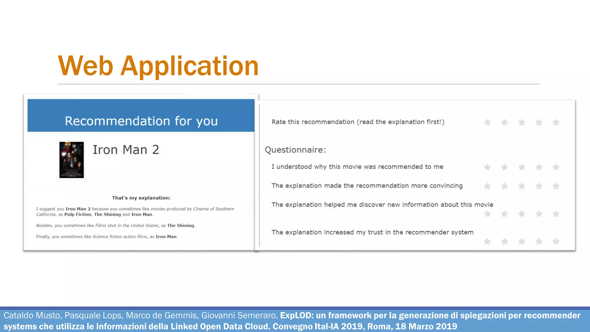 Web Application
Cataldo Musto, Pasquale Lops, Marco de Gemmis, Giovanni Semeraro. ExpLOD: un framework per la generazione di spiegazioni per recommender
systems che utilizza le informazioni della Linked Open Data Cloud. Convegno Ital-IA 2019, Roma, 18 Marzo 2019
 