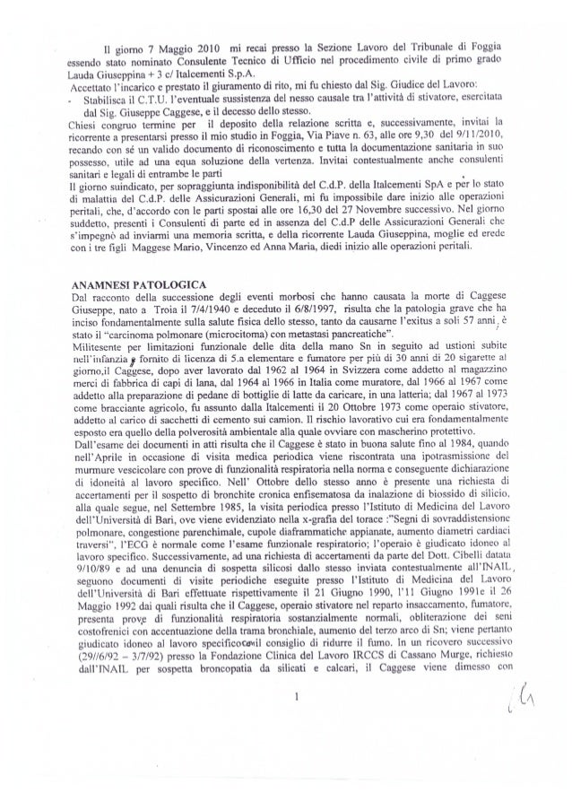 Italcementi Perizia Cela Gerardo Caggese 57 Anni Neoplasia