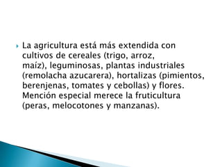    La agricultura está más extendida con
    cultivos de cereales (trigo, arroz,
    maíz), leguminosas, plantas industriales
    (remolacha azucarera), hortalizas (pimientos,
    berenjenas, tomates y cebollas) y flores.
    Mención especial merece la fruticultura
    (peras, melocotones y manzanas).
 