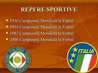 REPERE SPORTIVEREPERE SPORTIVE
 1930 Campioană Mondială la Fotbal1930 Campioană Mondială la Fotbal
 1934 Campioană Mondială la Fotbal1934 Campioană Mondială la Fotbal
 1982 Campioană Mondială la Fotbal1982 Campioană Mondială la Fotbal
 2006 Campioană Mondială la Fotbal2006 Campioană Mondială la Fotbal
 
