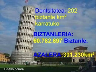 BIZTANLERIA:
60.782.897 Biztanle.
AZALERA:301.230km²
Dentsitatea: 202
biztanle km²
karratuko
Pisako dorrea
 