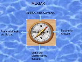 Suitza,Austria,Alemania.
Eslobenia,
Kroazia.
Malta eta
Mediterraneo
itsasoa.
Francia,Monako
eta Suiza.
MUGAK
 