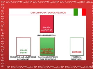 ∏Ω⁺−∆‰√₌≤≠≥∕⁰₉ⁿ⁽⁾№₁₂₃₄X :∏Ω⁺−∆‰√₌≤≠≥∕⁰₉ⁿ⁽⁾№₁₂₃₄X :∏Ω⁺−∆‰√₌≤≠≥∕⁰₉ⁿ⁽⁾№₁₂₃₄X ∏Ω⁺−∆‰√₌
∏Ω
⁺−∆
‰
√₌≤
≠≥∕
⁰₉ⁿ⁽⁾
№₁
₂₃₄X
:∏
Ω⁺
−∆
‰
√₌≤
≠≥∕
⁰₉ⁿ⁽⁾
№₁
₂₃₄X
:∏
Ω⁺
−∆
‰
√₌≤
≠≥∕ ∏Ω⁺−∆‰√₌≤≠≥∕⁰₉ⁿ⁽⁾№₁₂₃₄X :∏Ω⁺−∆‰√₌≤≠≥∕⁰₉ⁿ⁽⁾№₁₂₃₄X :∏Ω⁺−∆‰√₌≤≠≥∕⁰₉ⁿ⁽⁾№₁₂₃₄X ∏Ω‰≤
3
4
∏
Ω
⁺
−
∆
‰
√
₌
≤
≠
≥
⁰₉
ⁿ
⁾
№
₁₂
₃₄
X
:
∏
Ω
MARTA
AMOROSO
ALEXANDRA
MIHAELA
PATRASCANU
DE MICCO
CHIARA
PIERINI
MANAGING DIRECTOR
SALES AND CUSTOMER
CARE DEPARTMENT
MARKETING ANDADVERTISING
DEPARTMENT
PERSONELL
DEPARTMENT
 