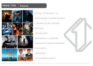 PRIME TIME Cinema
BATMAN - LA TRILOGIA (1° TV):
BATMAN BEGINS, CAVALIERE OSCURO E
CAVALIERE OSCURO IL RITORNO
BATTLESHIP
HUNGER GAMES
BIANCANEVE E IL CACCIATORE
MADAGASCAR 3: RICERCATI IN EUROPA
I SOLITI IDIOTI 2
I MERCENARI 2
IL CACCIATORE DI GIGANTI
 