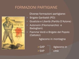 FORMAZIONI PARTIGIANE
Diverse formazioni partigiane:
 Brigate Garibaldi (PCI)
 Giustizia e Libertà (Partito D’Azione)
 Autonomi (Filomonarchici e
Badogliani)
 Fiamme Verdi e Brigate del Popolo
(Cattolici)
Agiscono in montagna
GAP Agiscono in
SAP città
 