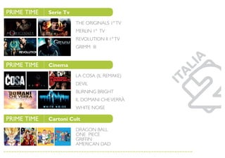Serie Tv
Cinema
Cartoni Cult
PRIME TIME
PRIME TIME
PRIME TIME
THE ORIGINALS 1°TV
MERLIN 1° TV
REVOLUTION II 1°TV
GRIMM  III
LA COSA (IL REMAKE)
DEVIL
BURNING BRIGHT
IL DOMANI CHEVERRÀ
WHITE NOISE
DRAGON BALL
ONE PIECE
GRIFFIN
AMERICAN DAD
 