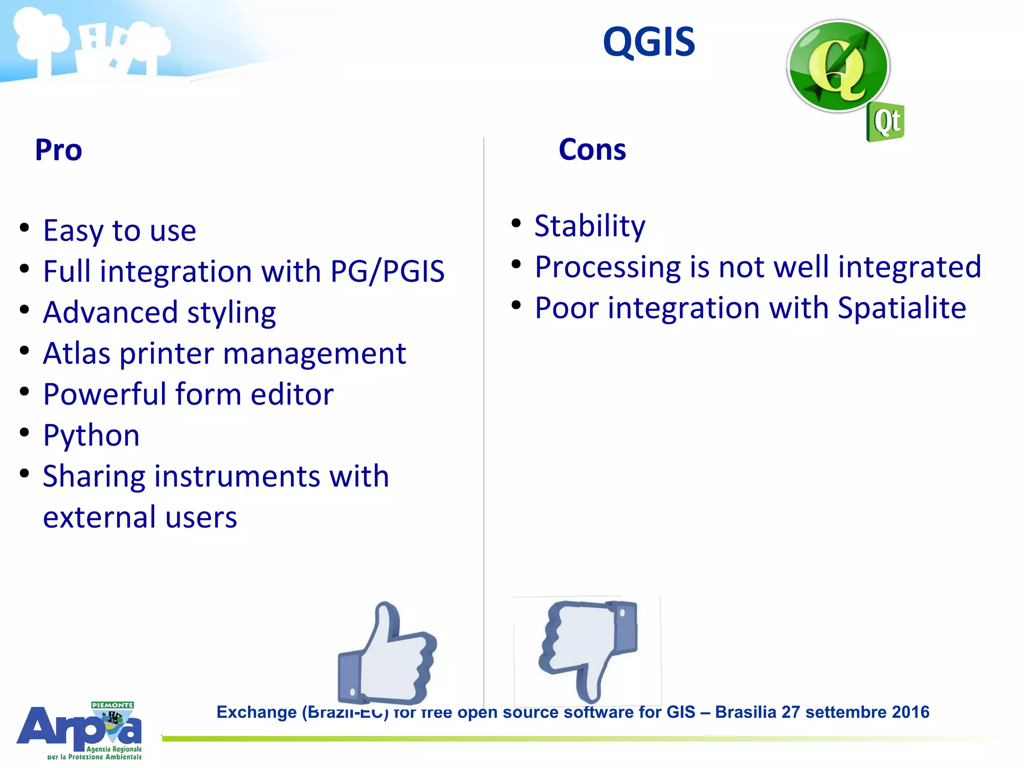 Exchange (Brazil-EC) for free open source software for GIS – Brasilia 27 settembre 2016
Pro Cons
●
Easy to use
●
Full integration with PG/PGIS
●
Advanced styling
●
Atlas printer management
●
Powerful form editor
●
Python
●
Sharing instruments with
external users
●
Stability
●
Processing is not well integrated
●
Poor integration with Spatialite
QGIS
 