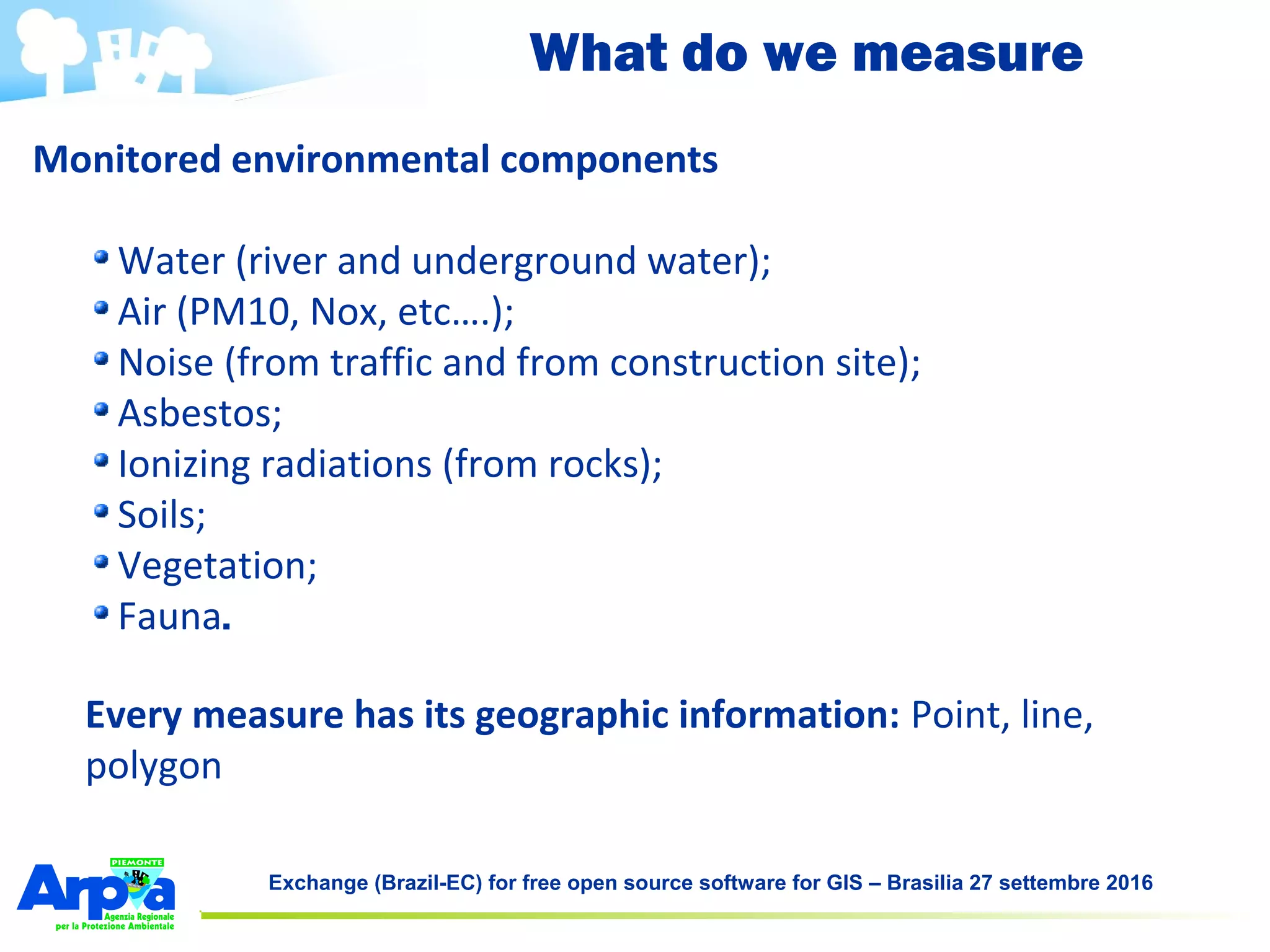 Exchange (Brazil-EC) for free open source software for GIS – Brasilia 27 settembre 2016
What do we measure
Monitored environmental components
Water (river and underground water);
Air (PM10, Nox, etc….);
Noise (from traffic and from construction site);
Asbestos;
Ionizing radiations (from rocks);
Soils;
Vegetation;
Fauna.
Every measure has its geographic information: Point, line,
polygon
 