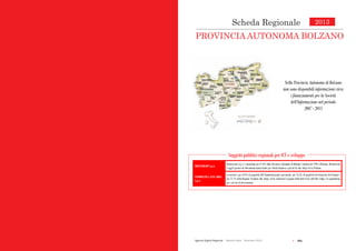  221Agende Digitali Regionali Telecom Italia Dicembre 2013
99
Scheda Regionalei
2013
PROVINCIA AUTONOMA BOLZANO
Soggetti pubblici regionali per ICT e sviluppo
Nella Provincia Autonoma di Bolzano
non sono disponibili informazioni circa
i finanziamenti per la Società
dell’Informazione nel periodo
2007 - 2013
BRENNERCOM S.p.A.
Brennercom S.p.A. è posseduta per il 42% dalla Provincia Autonoma di Bolzano. Fondata nel 1998 a Bolzano, Brennercom
è oggi il gestore di telecomunicazioni leader per clienti business e privati in Alto Adige ed in Trentino.
INFORMATICA ALTO ADIGE
S.p.A.
La società è per 64,9% di proprietà dell'Amministrazione provinciale, per 33,4% di proprietà del Consorzio dei Comuni e
per l’1,7% della Regione Trentino Alto Adige, ed ha realizzato le pagine della Rete Civica dell’Alto Adige e la piattaforma
per i servizi di eGovernment.
Scheda Regionale
PROVINCIA AUTONOMA BOLZANO
2013
 