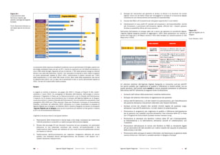 Agende Digitali Regionali Telecom Italia Dicembre 2013 Agende Digitali Regionali Telecom Italia Dicembre 201346   47
La situazione delle coperture broadband evidenzia come la percentuale di famiglie coperte con
tecnologie	broadband	base	sia	pari	al	97%,	mentre	le	coperture	con	reti	NGAN	ammontano	a	
circa	il	66%	delle	famiglie.	Riguardo	all’uso	di	Internet,	il	78%	delle	persone	naviga	su	Internet	
almeno una volta alla settimana, mentre i non utilizzatori di Internet si sono ridotti di appena
un	 punto	 percentuale	 rispetto	 al	 2011	 (15%).	 L’eCommerce	 è	 pratica	 normale	 per	 il	 65%	
della	popolazione	e	il	21%	delle	PMI	vende	on-line.	Oltre	metà	della	popolazione	usa	servizi	
di	eGovernment	(51%),	con	un	dato	che	è	aumentato	di	solo	un	punto	percentuale	rispetto	al	
2011, ma ben al di sopra della media europea.
Spagna
In seguito al cambio di Governo, nel giugno del 2012 il “Gruppo di Esperti di Alto Livello”,
costituito a marzo 2012, ha consegnato al Ministero dell’industria, dell’energia e turismo,
attraverso il Segretario di Stato per le Telecomunicazioni e per la Società dell’Informazione,
il rapporto con le proprie raccomandazioni per lo sviluppo dell’Agenda Digitale per la Spagna,
nuovo documento in materia di Società dell’Informazione, che va a sostituire le precedenti Linee
strategiche 2011-2015 per il Plan Avanza2.	Dopo	aver	finalizzato	il	processo	di	Consultazione
Pubblica, conclusosi nel settembre 2012, attraverso cui è stata consolidata la proposta di
Agenda Digitale per la Spagna, nel febbraio 2013 il Governo Spagnolo ha deciso di sviluppare
l’Agenda Digitale per la Spagna come punto di partenza per stabilire le linee guida in materia
di ICT e di amministrazione elettronica.
L’Agenda si struttura intorno a sei grandi obiettivi:
1. Realizzazione delle infrastrutture a banda larga e ultra larga, necessarie per trasformare
l’attività produttiva e consentire un rapido sviluppo dell’economia digitale;
2. Ricorso alle tecnologie ICT per rilanciare l’economia nel suo complesso, con particolare
attenzione al loro potenziale contributo alla crescita, all’imprenditorialità e alla
trasformazione delle imprese per adattarsi ad una nuova economia globalizzata sempre
più basata su Internet;
3. Trasformazione	 dell’Amministrazione	 per	 migliorare	 l’erogazione	 efficiente	 dei	 servizi	
pubblici, che richiederà riforme dell’organizzazione, dei processi e dei rapporti con i
cittadini attraverso l’eGovernment;
4. Sviluppo	 dei	 meccanismi	 per	 garantire	 la	 privacy,	 la	 fiducia	 e	 la	 sicurezza	 nel	 mondo	
digitale, come uno dei fattori chiave per incoraggiare lo sviluppo di un’economia digitale
innovativa ed una intensa attività commerciale ed imprenditoriale;
5. Impulso alla R&S e all’innovazione per sviluppare opportunità in nuovi settori;
6. Individuazione	di	nuovi	profili	ICT	orientati	all’innovazione	e	all’imprenditorialità,	nonché	
alla	 formazione	 e	 promozione	 dell’inclusione	 digitale,	 affinché	 tutti	 i	 cittadini	 possano	
sfruttare le possibilità offerte dal nuovo scenario.
Nell’ambito dell’obiettivo di sviluppo delle reti e servizi per garantire la connettività digitale,
l’Agenda	Digitale	Spagnola	prevede	di	raggiungere	il	100%	della	popolazione	con	velocità	a	
banda	ultra	larga	pari	a	30	Mbps	e	almeno	il	50%	delle	famiglie	con	velocità	superiori	ai	100	
Mbps entro il 2020.
25	
  Libro Bianco Ð AGENDE DIGITALI REGIONALI 2013
	
  
	
  
Fonte:	
  Between,	
  2013	
  
LINEA DÕ AZIONE OBIETTIVO
Connettivitˆ
digitale e reti
Promuovere la diffusione delle reti e dei
servizi per garantire la connettivitˆ digitale
Economia digitale
Incentivare lÕ uso delle ICT per la crescita,
la competitivitˆ e lÕ internazionalizzazione
delle imprese spagnole
Amministrazione
elettronica
Migliorare lÕ eGovernment e lÕ adozione di
soluzioni digitali per la fornitura efficiente
di servizi pubblici
Fiducia e Sicurezza
Rafforzare la fiducia e la sicurezza
nellÕ ambito digitale
Ricerca, Sviluppo e
Innovazione
Rafforzare il sistema di Ricerca, Sviluppo e
Innovazione delle ICT
Alfabetizzazione
digitale
P r o m o z i o n e d e l l Õ i n c l u s i o n e e
alfabetizzazione digitale e la formazione
dei nuovi professionisti ICT
Figura 25 Ð Agenda Digitale per la Spagna
Un ulteriore obiettivo dell’Agenda Digitale Spagnola si concentra sull’uso dell’ICT
nei	servizi	pubblici	per	migliorarne	la	qualità	e	l’efficienza	in	diversi	ambiti,	tra	cui	
quello sanitario. Nell’ambito della sanità le misure proposte prevedono la diffusione
dell’utilizzo dell’ICT attraverso le seguenti linee di attuazione:
 Aumento dell’utilizzo delle prescrizioni mediche elettroniche;
 Sviluppo del sistema informatico di registrazione del paziente;
 Utilizzo	dell’ID	elettronico,	o	di	altri	sistemi	di	autenticazione,	per	l’identificazione	
del paziente attraverso meccanismi alternativi alla Tessera Sanitaria;
 Accesso on-line dei cittadini alle cartelle cliniche digitali da qualsiasi luogo,
attraverso l’uso dell’ID elettronico, o di altri sistemi di autenticazione;
 Promozione	di	programmi	per	migliorare	la	qualità	e	l’efficienza	dell’assistenza	
per le persone con malattie croniche attraverso l’uso intensivo delle ICT in linea
con il Programma Comunitario Europeo Ambient Assisted Living;
 Promozione di standard che facilitino l’utilizzo delle ICT per l’interoperabilità,
la teleassistenza e la telemedicina attraverso accordi di collaborazione con
l’industria;
 Promozione nell’adozione di norme che facilitino la R&S su tematiche legate
all’uso secondario dei dati sensibili con il pieno rispetto dei requisiti di protezione
della privacy e dei dati;
 Promozione dello sviluppo di sistemi informativi che favoriscano la gestione della
ricerca clinica con i farmaci e i prodotti sanitari in Spagna e Europa;
Figura 24
L’avanzamento della
Germania rispetto agli
obiettivi dell’Agenda Digitale
Europea
Fonte: Elaborazione Between su
dati Digital Agenda Scoreboard,
2013 Figura 25
Agenda Digitale per la
Spagna
Fonte: Between, 2013
 