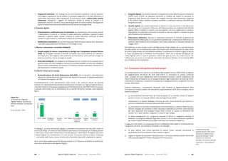 Agende Digitali Regionali Telecom Italia Dicembre 2013 Agende Digitali Regionali Telecom Italia Dicembre 201360   61
 Pagamenti elettronici, con l’obbligo per le amministrazioni pubbliche e per gli operatori
che erogano o gestiscono servizi pubblici, di accettare pagamenti in formato elettronico, a
prescindere dall’importo della transazione. Si promuoverà inoltre l’utilizzo della moneta
elettronica, obbligando i soggetti che effettuano attività di vendita di prodotti e di
prestazione di servizi, dal 2014, ad accettare pagamenti con carta di debito. Tali pagamenti
potranno essere eventualmente effettuati anche tramite tecnologie mobili.
6. Giustizia digitale:
 Comunicazioni e notificazioni per via telematica nei procedimenti civili e penali, quando
il	destinatario	è	munito	di	un	indirizzo	di	posta	elettronica	certificata	o	quando	la	parte	
costituita	 in	 giudizio	 abbia	 indicato	 l’indirizzo	 di	 posta	 elettronica	 certificata	 al	 quale	
ricevere	le	comunicazioni	e	notificazioni	relative	al	procedimento;
 Notificazioni telematiche dei momenti essenziali della procedura fallimentare, attraverso
l’uso	della	posta	elettronica	certificata	e	di	tecnologie	on-line.
7. Ricerca e Innovazione e Comunità intelligenti
 Grandi progetti di ricerca e innovazione in sinergia con il programma europeo Horizon
2020, per sviluppare soluzioni industriali innovative non ancora presenti sul mercato e
che rispondono alle esigenze delle pubbliche amministrazioni, promuovendo sinergie tra
sistema produttivo, ricerca ed esigenze sociali;
 Comunità intelligenti, per disegnare l’architettura tecnica, di Governo e di processo per la
gestione delle comunità intelligenti e dei servizi da queste prodotte. Le comunità intelligenti
devono essere partecipative, promuovere l’innovazione sociale e prevedere meccanismi di
partecipazione e inclusione sociale.
8. Ulteriori misure per la crescita
 Razionalizzazione dei Centri Elaborazione Dati (CED), che ne prevede il consolidamento
attraverso l’individuazione dei livelli minimi dei requisiti di sicurezza, di capacità elaborativa
e di risparmio energetico dei CED.
Complessivamente,	 ai	 fini	 dell’attuazione	 delle	 norme	 e	 dei	 contenuti	 previsti	 dal	 Decreto	
Crescita 2.0, relativamente alle tematiche direttamente connesse con l’Agenda Digitale Italiana,
il	Decreto	Crescita	2.0	prevede	l’assegnazione	di	finanziamenti	per	oltre	900	milioni	di	euro	per	
il periodo 2013-2018, con la suddivisione tra le diverse tematiche riportata nella seguente
figura.
40	
  Libro Bianco Ð AGENDE DIGITALI REGIONALI 2013
Figura 41 Ð Le risorse per lÕ Agenda Digitale Italiana previste dal Decreto Crescita
2.0/Decreto Fare
Fonte:	
  Between,	
  2013	
  
608
- - -
150
9
170
Identitˆ digitale PA digitale e
Open Data
Istruzione
digitale
Sanitˆ digitale Divario digitale
e pagamenti
elettronici
Giustizia
digitale
R&I e Comunitˆ
intelligenti
Milioni€
2013-2018 2013-2018 2013-20182013-2014
In	dettaglio,	sul	tema	dell’identità	digitale	si	prevedono	finanziamenti	per	oltre	600	milioni	di	
euro	fino	al	2018,	170	milioni	di	euro	andranno	alla	Ricerca	e	Innovazione	per	lo	stesso	periodo	
e 150 milioni di euro sulle infrastrutture a banda larga per il 2013-2014. PA digitale, Istruzione
e	Sanità	Digitale	non	beneficeranno	di	nuove	risorse,	ma	le	azioni	dovranno	essere	intraprese	
“...nell’ambito delle risorse umane, strumentali e finanziarie disponibili a legislazione vigente.”
Ad	un	anno	dalla	pubblicazione	del	Decreto	Crescita	2.0,	il	Governo	ha	definito	tre	priorità	per	
dare avvio all’attuazione dell’Agenda Digitale:
1. Anagrafe digitale, per rendere operativa l’Anagrafe Nazionale della Popolazione Residente
(ANPR)	 entro	 il	 2014,	 da	 realizzare	 attraverso	 la	 modifica	 dei	 sistemi	 di	 sicurezza,	 la	
migrazione	delle	banche	dati	relative	alle	anagrafi	comunali	della	popolazione	residente	
e	dei	cittadini	italiani	residenti	all’estero	nell’ANPR	e	il	definitivo	subentro	dell’ANPR	alle	
anagrafi	comunali;
2. Identità digitale,	per	rendere	disponibile	ai	cittadini	un	unico	strumento	di	identificazione	
per i servizi on-line, attraverso l’istituzione del Sistema pubblico per la gestione dell’identità
digitale (SPID) di cittadini e imprese, che dovrà gestire i servizi di registrazione e messa a
disposizione di credenziali e strumenti di accesso in rete per cittadini e imprese da parte
delle Pubbliche Amministrazioni;
3. Fatturazione elettronica, ritenuta un importante strumento di controllo di gestione ed
efficientamento	della	spesa,	le	cui	specifiche	operative	per	la	fatturazione	elettronica	nei	
confronti	delle	Pubbliche	Amministrazioni	sono	state	pubblicate	in	Gazzetta	Ufficiale	nel	
maggio 2013.
Nel frattempo, è stato avviato il piano dell’Agenzia per l’Italia Digitale per la razionalizzazione
dei data center, con la pubblicazione delle Linee Guida sulla razionalizzazione dei data center
sui quali è stata avviata una consultazione pubblica, in previsione di un bando di gara sui servizi
in	 cloud	 computing	 per	 le	 Pubbliche	 Amministrazioni.	 Infine,	 tra	 le	 attività	 dell’Agenzia	 per	
l’Italia Digitale, sono in corso le operazioni relative alla gara da circa 2,5 miliardi di euro per
l’affidamento	dei	servizi	di	connettività	nell’ambito	del	Sistema	Pubblico	di	Connettività	(SPC)	
per le Pubbliche Amministrazioni.
2.4. L’evoluzione nella gestione dei fondi europei
La consapevolezza ormai matura sui punti deboli della programmazione 2000-2006, la diagnosi
del peggioramento nell’utilizzo dei fondi 2007-20132
, le innovazioni di metodo contenute
nelle proposte dei nuovi Regolamenti della Commissione Europea, nonché l’esperienza del
Piano d’Azione per la Coesione con la riprogrammazione degli investimenti nel corso del 2012,
costituiscono la base per i cambiamenti proposti per la programmazione e la gestione dei fondi
europei 2014-2020.
Volendo evidenziare i cambiamenti riscontrati nella proposta di regolamentazione della
Commissione Europea rispetto alla precedente programmazione 2007-2013, emergono alcuni
aspetti	qualificanti:
 La concentrazione dell’intervento dei fondi strutturali su un ristretto numero di obiettivi
tematici comuni, connessi gli obiettivi della strategia Europa 2020;
 L’istituzione di un Quadro Strategico Comune per tutti i fondi strutturali, per tradurre in
priorità d’investimento le diverse istanze dei Paesi membri;
 La conclusione di un accordo di partenariato tra la Commissione e ciascuno Stato membro,
recante l’impegno dei contraenti a livello nazionale e regionale ad utilizzare i fondi stanziati
per dare attuazione alla strategia Europa 2020, nonché un quadro di riferimento dei
risultati con il quale valutare i progressi in relazione agli impegni;
 Lo stretto collegamento con i programmi nazionali di riforma e i programmi nazionali di
stabilità	e	convergenza	elaborati	dagli	Stati	membri	e	con	le	raccomandazioni	specifiche	
per ciascun paese adottate dal Consiglio sulla base dei medesimi programmi.
In	aggiunta	a	tali	aspetti,	va	considerata	anche	la	ridefinizione	delle	regole	di	condizionalità	per	
l’erogazione dei fondi, che sarebbero articolate in tre tipologie:
a)		 Ex	 ante,	 definite	 nelle	 norme	 specifiche	 di	 ciascun	 Fondo,	 riportate	 nell’accordo	 di	
partenariato tra la Commissione e Stati membri e regioni;
b)		 Legate	al	rispetto	dei	parametri	macroeconomici	e	di	finanza	pubblica	previsti	nell’ambito	
delle proposte legislative relative alla governance economica;
Figura 41
Le risorse per l’Agenda
Digitale Italiana previste dal
Decreto Crescita 2.0/Decreto
Fare
Fonte: Between, 2013
2 Relativamente alla
programmazione 2007-2013,
dei circa 17 miliardi di euro
ancora da utilizzare, l’Italia
rischia di non riuscire a
spendere una quota compresa
tra gli otto e i nove miliardi di
euro.
 
