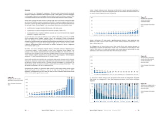 Agende Digitali Regionali Telecom Italia Dicembre 2013 Agende Digitali Regionali Telecom Italia Dicembre 201372   73
Istruzione
In un mondo in cui il processo di creazione e diffusione della conoscenza sta diventando
sempre	più	digitale,	è	necessario	offrire	ai	giovani	d’oggi,	“nativi	digitali”,	strumenti	tecnologici	
e metodologie di apprendimento adeguati alla valorizzazione delle loro attitudini naturali. Infatti
il rinnovamento della scuola è da sempre un tema centrale delle politiche di livello europeo.
Anche l’Italia, come gli altri Stati membri, ha avviato negli ultimi anni diverse iniziative e progetti
per rinnovare il sistema scolastico nazionale e diffondere l’innovazione digitale nelle scuole. In
particolare, a partire dal 2008, il MIUR (Ministero dell’Istruzione, dell’Università e della Ricerca)
ha	realizzato	il	piano	“Scuola	Digitale”,	che	concentrava	l’attenzione	su	tre	obiettivi	chiave:	
 La diffusione di Lavagne Interattive Multimediali (LIM) nelle scuole;
 L’allestimento	di	classi	tecnologicamente	avanzate	(progetto	“Cl@ssi	2.0”);
 La realizzazione di un modello di didattica avanzato per le zone territorialmente disagiate
attraverso	il	progetto	“Isole	in	rete”.	
Le azioni del piano sono state poi rafforzate anche nel Piano eGov 2012, presentato nel 2009,
che	ha	introdotto	anche	i	progetti	“Internet	in	aula”,	per	aumentare	il	livello	di	connettività	
delle	aule,	“Compagno	di	classe”	e	“Didattica	Digitale”,	per	incrementare	il	numero	di	personal	
computer e LIM nelle scuole e per realizzare una piattaforma tecnologica per la fruizione di testi
e	contenuti	digitali,	ed	il	progetto	“Servizi	Scuola-Famiglia	via	web”,	dedicato	ad	incrementare	
il livello di digitalizzazione delle comunicazioni tra scuole e famiglie ed i servizi di segreteria
amministrativa delle scuole.
Nel	 2012,	 con	 l’avvio	 dell’Agenda	 Digitale	 Italiana,	 nell’ambito	 dell’asse	 “Alfabetizzazione	
e	 Competenze	 digitali”,	 è	 stato	 introdotto	 il	 nuovo	 “Piano	 Nazionale	 Scuola	 Digitale”,	 che	
sviluppa	le	linee	d’azione	precedentemente	intraprese	(LIM,	Cl@ssi	2.0,	“Isole	in	rete”)	e	ne	
introduce di nuove: Scu@le 2.0 (per estendere il progetto Cl@ssi 2.0 ad interi istituti scolastici),
“Centri	Scolastici	Digitali”	(programma	per	piccole	scuole	di	zone	disagiate),	“Editoria	Digitale	
scolastica”,	“Il	Cloud	nazionale	della	scuola”	e	“Scuola	in	chiaro”.	
Infine,	tra	le	normative	più	importanti	per	l’innovazione	della	scuola,	compare	anche	il	Decreto	
Crescita	2.0,	attraverso	il	quale	è	stata	meglio	definita	la	costituzione	di	centri	scolastici	digitali	
per garantire l’offerta formativa anche in contesti territoriali svantaggiati, e l’introduzione dei
testi scolastici digitali, che saranno introdotti a partire dall’anno scolastico 2014/2015 in virtù
del decreto ministeriale n.781 del 27 settembre 2013.
Nonostante tale impegno, la situazione degli studenti e delle scuole italiane risulta ancora
disallineata	rispetto	al	resto	d’Europa.	In	base	ai	dati	dello	studio	“Survey	of	Schools:	ICT	in	
Education”	commissionato	nel	2011	dalla	UE,	infatti,	in	alcuni	indicatori	l’Italia	risulta	ancora	
molto indietro rispetto agli altri paesi europei.Figura 46 Ð Studenti per LIM, scuole secondarie di secondo livello
Fonte:	
  European	
  Commission,	
  2013	
  
34
40
59
63
83
83
91
111
111
111
125
125
143
167
167
167
200
250
250
250
333
333
500
1000
1000
1000
1000
0
200
400
600
800
1000
MTDK EE FI PT SI HU ES SK NO CZ LV BE HR EU LT IE FR CY IT SE PL RO AT BG EL TR
Infatti,	 le	 figure	 mostrano	 come,	 prendendo	 a	 riferimento	 le	 scuole	 secondarie	 superiori,	 il	
numero	di	studenti	per	LIM	risulta	significativamente	più	alto	rispetto	alla	media	europea,	con	
un	ritardo	rilevante	rispetto	alle	prime	in	classifica.
46	
  Libro Bianco Ð AGENDE DIGITALI REGIONALI 2013
Figura 47 Ð Studenti per computer, scuole secondarie di secondo livello
Fonte:	
  European	
  Commission,	
  2013	
  
1
2
3
3
4
4
4
4
5
5
6
6
6
6
6
6
6
6
6
7
9
10
11
12
17
22
0
20
40
60
80
100
NO DK CY FR BE ES FI EU EE HR CZ SI SK PT LT HU IE AT MT LV PL RO BG IT EL TR
Anche	la	diffusione	di	PC	nelle	scuole	è	significativamente	inferiore	in	Italia	rispetto	al	resto	
dell’Europa. Infatti, mentre a livello europeo il numero medio di studenti per PC è pari a 4, in
Italia il valore è pari a 12.
Nel	 collegamento	 ad	 Internet	 delle	 scuole	 l’Italia	 risulta	 ultima	 nella	 classifica	 europea:	 la	
percentuale di studenti che frequentano scuole prive di connessione a banda larga in Italia
è	pari	al	18%	contro	il	4%	della	media	europea	nelle	scuole	superiori	(percentuale	che	sale	
addirittura	al	25%	nelle	scuole	medie	ed	al	34%	nelle	scuole	primarie)
47	
  Libro Bianco Ð AGENDE DIGITALI REGIONALI 2013
Figura 48 Ð Percentuale di studenti in scuole senza Broadband, scuole secondarie
di secondo livello
Fonte:	
  European	
  Commission,	
  2013	
  
18%
6%
6%
5%
5%
5%
4%
4%
4%
3%
2%
2%
1%
1%
0%
0%
0%
0%
0%
0%
0%
0%
0%
0%
0%
0%
0%
0%
0%
20%
40%
60%
80%
100%
IT EE BE FR EL BG RO HR EU IE CY PL FI ES AT CZ DK HU LV LT LU MTNO PT SK SI SE TR
La situazione di ritardo emerge anche dal quadro delle velocità di collegamento disponibili
nelle	scuole,	con	collegamenti	in	fibra	ottica	praticamente	assenti,	come	visibile	nella	figura	
seguente.
Figura 49 Ð Velocitˆ del collegamento in rete, scuole secondarie di secondo livello
Fonte:	
  European	
  Commission,	
  2013	
  
Figura 46
Studenti per LIM, scuole
secondarie di secondo livello
Fonte: European Commission
2013
Figura 47
Studenti per computer,
scuole secondarie
di secondo livello
Fonte: European Commission
2013
Figura 48
Percentuale di studenti in
scuole senza Broadband,
scuole secondarie di
secondo livello
Fonte: European Commission
2013
Figura 49
Velocità del collegamento in
rete, scuole secondarie di
secondo livello
Fonte: European Commission
2013
 