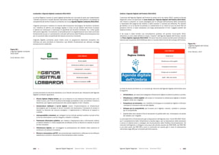 Agende Digitali Regionali Telecom Italia Dicembre 2013 Agende Digitali Regionali Telecom Italia Dicembre 2013102   103
Lombardia: L’Agenda Digitale Lombarda 2012-2015
La prima Regione a varare un piano digitale territoriale con una serie di azioni per massimizzare
i	benefici	economici	e	sociali	derivanti	dall’utilizzo	delle	tecnologie	informatiche	e	aumentare	la	
competitività dei territori è stata la Lombardia con la sua Agenda Digitale Lombarda 2012-2015.
L’Agenda promuove e sostiene la crescita dell’innovazione tecnologica nel territorio lombardo
con	l’obiettivo	di	definire	una	strategia	digitale	in	linea	con	gli	obiettivi	dell’Unione	Europea	
e	attenta	ad	individuare	e	valorizzare	le	specificità	del	territorio	lombardo.	Tra	i	criteri	guida	
dell’azione	regionale,	l’innovazione,	la	semplificazione	e	la	digitalizzazione	sono	viste	come	leve	
fondamentali sia per un cambiamento culturale dell’azione della Pubblica Amministrazione sia
per un aumento della competitività del tessuto economico lombardo.
L’Agenda Digitale Lombarda nasce inoltre come un programma altamente innovativo che
individua sei aree prioritarie di intervento e gli obiettivi fondamentali per ottenere vantaggi
socioeconomici sostenibili.
88	
  Libro Bianco Ð AGENDE DIGITALI REGIONALI 2013
Fonte:	
  Between,	
  2012	
  
LINEE DÕ AZIONE
Divario digitale
Infrastrutture abilitanti e servizi digitali
Interoperabilitˆ e standard
Patrimonio informativo pubblico
Cittadinanza digitale
Ricerca e innovazione nellÕ ICT
Figura 90 Ð LÕ Agenda Digitale Lombarda 2012-2015
Le aree prioritarie di intervento attraverso cui si intende intervenire per l’attuazione dell’Agenda
Digitale Lombarda riguardano:
 Divario digitale (Digital divide),	per	cui	si	dispone	di	una	dotazione	finanziaria	pari	a	41	
milioni	di	euro,	con	il	fine	di	rendere	la	tecnologia	accessibile	a	tutti,	annullando	il	divario	e	
favorendo una migliore partecipazione alla società digitale di tutti i cittadini;
 Infrastrutture abilitanti e servizi digitali, ovvero l’implementazione di infrastrutture
tecnologiche per lo sviluppo di servizi innovativi che favoriscano l’inclusione di anziani e
disabili,	la	riduzione	dei	consumi	energetici,	il	miglioramento	e	l’efficienza	di	trasporti	e	
mobilità;
 Interoperabilità e standard,	per	collegare	tra	loro	tutti	gli	operatori	pubblici	e	privati	al	fine	
di fornire informazioni e servizi integrati a cittadini e imprese;
 Patrimonio informativo pubblico, per mettere a disposizione dati e informazioni relative
al	settore	pubblico	in	modo	trasparente	ed	efficace	al	fine	di	favorire	la	crescita	di	servizi	
on-line innovativi;
 Cittadinanza digitale, per incoraggiare la partecipazione dei cittadini nella creazione di
contenuti e di soluzioni innovative;
 Ricerca e innovazione nell’ICT,	per	aumentare	gli	investimenti	e	rafforzare	la	loro	efficacia	
stabilendo le priorità e riducendo la frammentazione delle iniziative.
Umbria: L’Agenda Digitale dell’Umbria 2012-2015
Il percorso dell’Agenda Digitale dell’Umbria ha preso avvio nel marzo 2012, quando la Giunta
Regionale umbra ha approvato le Linee Guida per l’Agenda Digitale dell’Umbria 2012-2015,
che mirano a proporre un nuovo paradigma per lo sviluppo dell’economia della conoscenza
e	rispondere	alle	esigenze	dei	cittadini	e	delle	imprese	in	maniera	più	efficiente.	Per	attuare	
gli obiettivi, su cui la Giunta ha previsto un investimento di 11 milioni di euro da fondi FAS nel
prossimo triennio, è stata necessaria una larga partecipazione di tutti i soggetti pubblici del
Sistema Umbria.
A tal scopo è stata avviata una consultazione pubblica nel periodo marzo-aprile 2013,
attraverso	cui	sono	state	definite	le	cinque	“missioni”	dell’Agenda	Digitale	dell’Umbria,	inserite	
nel Piano digitale regionale 2013-2015. Tali azioni dovranno essere portate avanti dal sistema
istituzionale nel periodo 2014-2020 per dare un impulso determinante allo sviluppo dell’Umbria.
89	
  Libro Bianco Ð AGENDE DIGITALI REGIONALI 2013
Fonte:	
  Between,	
  2013	
  
	
  
	
  Governance	
  per	
  la	
  Società	
  
dell’Informazione	
  della	
  
Regione	
  Umbria	
  	
  
Figura 91 Ð LÕ Agenda Digitale dellÕ Umbria 2012-2015
Governance	
  per	
  la	
  Società	
  
dell’Informazione	
  della	
  
Regione	
  Umbria	
  
LINEE DÕ AZIONE
Infrastrutture
Cittadinanza e diritti esigibili
Competenze ed eInclusion
Sviluppo per la competitivitˆ
Qualitˆ della vita e salute
Le linee di azione prioritarie su cui muovere gli interventi dell’Agenda Digitale dell’Umbria sono
le seguenti:
 Infrastrutture, per assicurare adeguate infrastrutture digitali al sistema pubblico e privato;
 Cittadinanza e diritti esigibili, allo scopo di riconoscere la cittadinanza digitale e rendere
esigibili i diritti con il digitale;
 Competenze ed eInclusion, con l’obiettivo di sviluppare le competenze digitali e rinforzare
i processi di inclusione nella società digitale;
 Sviluppo per la competitività, per innovare con il digitale i mercati, i prodotti e i processi
per la competitività;
 Qualità	della	vita	e	salute	al	fine	di	accrescere	la	qualità	della	vita,	il	benessere	e	la	salute	
dei cittadini con il digitale.
Le	principali	fonti	di	finanziamento	già	a	disposizione	dell’Agenda	sono	i	fondi	FAS	2007-2013,	
per il completamento delle infrastrutture a banda larga e per la realizzazione delle procedure
e servizi di eGovernment a sostegno del funzionamento della Pubblica Amministrazione. Gli
interventi dell’Agenda si collegano comunque alle attività previste dal POR FESR, dal POR FSE
e con altre azioni del PAR FAS e sono in continuità con quanto già in corso di realizzazione
nell’ambito degli APQ per la Società dell’Informazione.
Figura 90
L’Agenda Digitale Lombarda
2012-2015
Fonte: Between, 2013
Figura 91
L’Agenda Digitale dell’Umbria
2012-2015
Fonte: Between, 2013
 