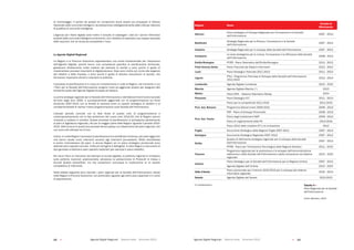 Agende Digitali Regionali Telecom Italia Dicembre 2013 Agende Digitali Regionali Telecom Italia Dicembre 201312   13
Regioni Nome
Periodo di
Riferimento
Abruzzo
Piano	strategico	di	Sviluppo	Regionale	per	l'Innovazione	e	la	Società	
dell’Informazione
2007 - 2013
Basilicata
Strategia	Regionale	per	la	Ricerca,	l'Innovazione	e	la	Società	
dell’Informazione
2007 - 2013
Calabria Strategia Regionale per lo sviluppo della Società dell’Informazione 2007 - 2013
Campania
Le	linee	strategiche	per	la	ricerca,	l'innovazione	e	la	diffusione	della	Società	
dell’Informazione
2008 - 2013
Emilia-Romagna PiTER	-	Piano	Telematico	dell'Emilia-Romagna 2011 - 2013
Friuli Venezia Giulia Piano Triennale dei Sistemi Informativi 2012 - 2014
Lazio Piano Strategico Triennale 2011-2013 2011 - 2013
Liguria
PTsil - Programma Triennale di Sviluppo della Società dell’Informazione
2012-2014
2012 - 2014
Lombardia Agenda Digitale Lombarda 2012 - 2015
Marche Agenda Digitale Marche (*) 2013
Molise Piano STM – Sistema Telematico Molise 2004
Piemonte Piano Strategico ICT 2011 - 2013
Piano per la competitività 2011-2015 2011-2015
Prov. Aut. Bolzano Programma eGovernment 2009-2013 2009 - 2013
Prov. Aut. Trento
PSP - Piano di Sviluppo Provinciale 2008 - 2013
Piano degli Investimenti SIEP 2009 - 2013
Piano di miglioramento della PA 2012-2016
Piano 2012 delle iniziative ICT e di innovazione 2012
Puglia Documento Strategico della Regione Puglia 2007-2013 2007 - 2013
Sardegna Documento Strategico Regionale 2007-2013 2007 - 2013
Sicilia
Quadro di riferimento strategico regionale per lo sviluppo della Società
dell’Informazione
2007 - 2013
PITRE	-	Piano	per	l'Innovazione	Tecnologica	della	Regione	Siciliana 2011 - 2015
Toscana
Programma regionale per la promozione e lo sviluppo dell’amministrazione
elettronica e della Società dell’Informazione e della conoscenza nel sistema
regionale
2012 - 2015
Umbria
Piano Strategico per la Società dell’Informazione per la Regione Umbria 2007 - 2013
Agenda Digitale dell’Umbria 2012 - 2015
Valle d'Aosta
Piano pluriennale per il triennio 2010-2013 per lo sviluppo del sistema
informativo regionale
2010 - 2013
Veneto Agenda Digitale del Veneto 2013-2015
Tabella 45
Piani Regionali per la Società
dell’Informazione
Fonte: Between, 2013
*In pubblicazione
di monitoraggio. A partire da queste tre componenti dovrà essere poi sviluppato lo Statuto
Nazionale delle comunità intelligenti, da sottoscrivere obbligatoriamente dalle città per ottenere
la	qualifica	di	comunità	intelligente.
L’Agenzia per l’Italia digitale avrà inoltre il compito di catalogare i dati ed i servizi informativi
prodotti dalle comunità intelligenti sul territorio, con l’obiettivo di realizzare una mappa nazionale
delle soluzioni che ne renda più accessibile il riuso.
Le Agende Digitali Regionali
Le Regioni e le Province Autonome rappresentano uno snodo fondamentale per l’attuazione
dell’Agenda	 Digitale,	 perché	 hanno	 una	 competenza	 specifica	 di	 pianificazione	 territoriale,	
gestiscono direttamente molte materie (ad esempio la sanità) e sono quindi in grado di
implementare processi importanti di digitalizzazione. Esse sono inoltre più vicine alle esigenze
dei cittadini e delle imprese, e sono quindi in grado di attivare meccanismi di ascolto, che
forniscono importanti stimoli e orientano le politiche.
Il	processo	di	pianificazione	è	in	corso	di	ri-orientamento	in	tutte	le	Regioni,	nel	momento	in	cui	
i Piani per la Società dell’Informazione vengono rivisti ed aggiornati proprio per adeguarli alle
tematiche poste dall’Agenda Digitale Europea ed Italiana.
Le prime strategie regionali per la Società dell’Informazione e dell’eGovernment furono lanciate
all’inizio degli anni 2000, e successivamente aggiornate con la programmazione sui fondi
strutturali	2007-2013,	con	la	finalità	di	riportare	entro	un	quadro	strategico	di	obiettivi	e	di	
complementarietà di risorse l’intera programmazione sulla Società dell’Informazione.
L’attuale	 periodo	 coincide	 con	 la	 fase	 finale	 di	 questo	 ciclo	 di	 programmazione	 e	
contemporaneamente con le fasi preliminari del nuovo ciclo 2014-20, che le Regioni stanno
iniziando	a	mettere	in	cantiere.	Questo	processo	di	pianificazione	si	sovrappone	parzialmente	
ai piani di legislatura regionale, che per la maggior parte delle Regioni riguarda il periodo 2010-
2015. Dall’incrocio di questi due processi deriva spesso uno sfasamento dei piani regionali, che
non sono tutti allineati tra di loro.
Inoltre,	in	molte	Regioni	il	processo	di	pianificazione	si	è	stratificato	nel	tempo,	per	piani	aggiuntivi	
che	 hanno	 varato	 nuovi	 interventi	 accanto	 agli	 interventi	 pre-esistenti.	 Molto	 diversificata	
è anche l’articolazione dei piani: in alcune Regioni ad un piano strategico pluriennale sono
abbinati piani operativi annuali, molto più stringenti e dettagliati. In altre Regioni a documenti di
tipo generale si abbinano piani operativi settoriali (per esempio il piano eHealth).
Per	alcuni	filoni	di	intervento	(ad	esempio	la	scuola	digitale),	le	politiche	regionali	si	innestano	
sulle politiche nazionali, potenziandole, attraverso la sottoscrizione di Protocolli di Intesa o
Accordi	 Quadro	 diversificati,	 ma	 che	 consentono	 comunque	 la	 ricostruzione	 di	 un	 quadro	
complessivo di intervento.
Nella tabella seguente sono riportati i piani regionali per la Società dell’Informazione rilevati
nelle Regioni e Province Autonome, con particolare riguardo agli ultimi piani approvati o in corso
di approvazione.
 