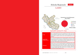  173Agende Digitali Regionali Telecom Italia Dicembre 2013
51
Scheda Regionalei
2013
LAZIO
Soggetti pubblici regionali per ICT e sviluppo
0
34,0
00
Finanziamenti per Società dell’Informazione
2007-2013 (Mln €)
Fondi Regionali
Fondi Nazionali
Fondi UE
Altri Fondi
TOTALE: 34,0 Mln €
BIC LAZIO
Istituita con la legge regionale35/90, BIC Lazio sostiene lo sviluppo del territorio attraverso la nascita di nuove
imprese e il potenziamento di quelle esistenti. Tra gli obiettivi di BIC Lazio vi è quello di favorire iniziative
imprenditoriali innovative per lo sviluppo tecnologico dell’intero tessuto produttivo regionale, diffondere la cultura
d’impresa, incoraggiare la collaborazione tra imprese, promuovere iniziative imprenditoriali legate ai processi di
sviluppo locale.
LAZIO INNOVAZIONE
TECNOLOGICA (LAit) S.p.A.
LAit è la società in house della Regione Lazio che si occupa della realizzazione e della gestione del Sistema
Informativo regionale per stimolare lo sviluppo della società dell'informazione, ponendo le basi per la creazione
dell'amministrazione digitale. LAit realizza programmi per la promozione e l'utilizzo degli strumenti di ICT, svolge
un ruolo di coordinamento per i progetti di eGovernment, pensa progetti infrastrutturali di reti e di servizi sul
territorio, fornisce consulenza organizzativa e formativa agli enti locali regionali.
SVILUPPO LAZIO
Sviluppo Lazio S.p.A. nasce nel 1999 come strumento di attuazione della programmazione regionale in materia
economica e territoriale ed è posseduta per il 80,5% dalla Regione Lazio e per il 19,5% dalla Camera di Commercio di
Roma. Sviluppo Lazio promuove la cultura d'impresa, sostiene programmi di sviluppo territoriale, partecipa a
progetti d'investimento nelle infrastrutture anche attraverso la promozione di partnership tra soggetti pubblici e
privati. Per un reale sostegno alle attività produttive, Sviluppo Lazio opera per l'acquisizione e l'ottimizzazione di
risorse finanziarie comunitarie, nazionali e private, favorendo al tempo stesso l'internazionalizzazione del sistema
economico regionale e gli interscambi commerciali con l'estero.
Fonte: CISIS, 2012
Scheda Regionale
LAZIO
2013
 