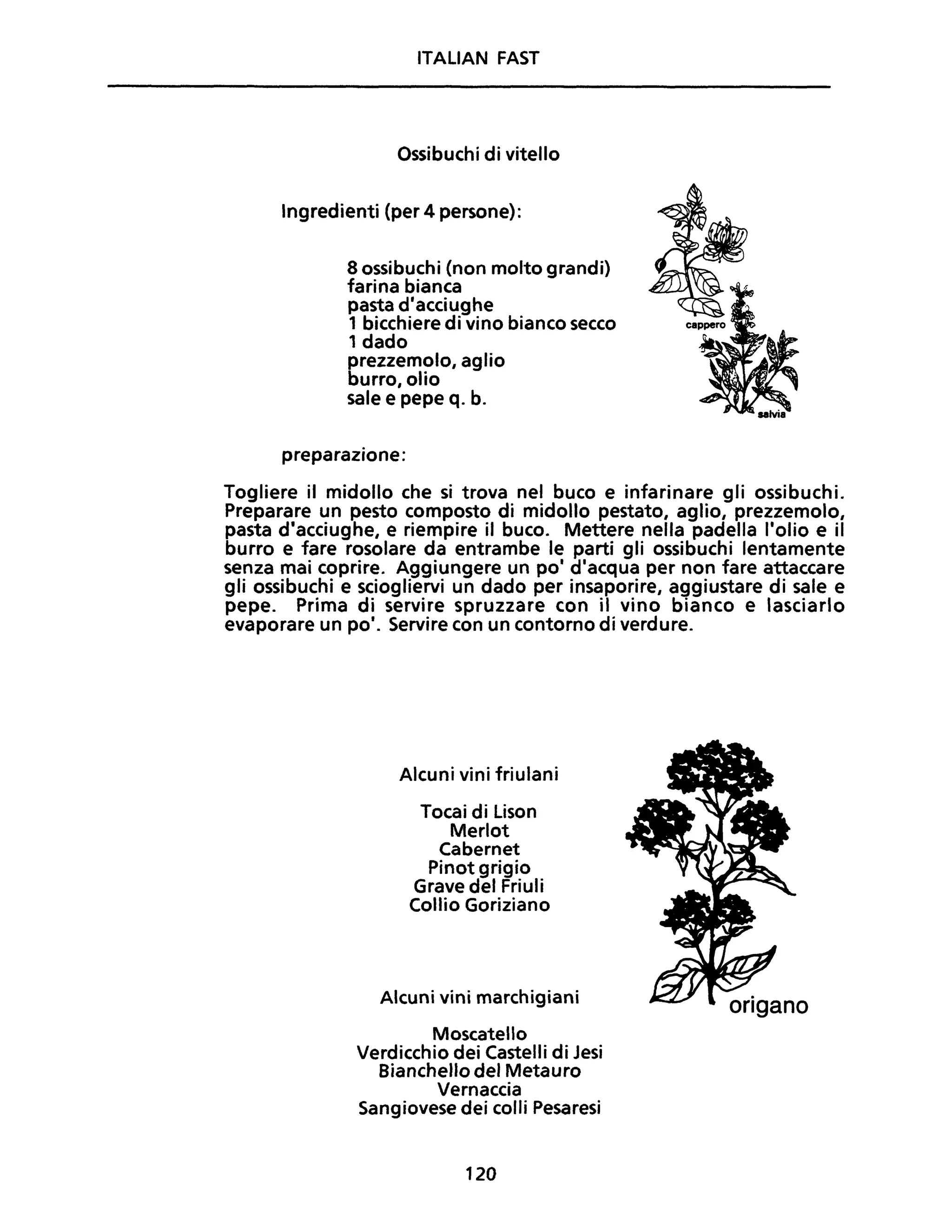 ITALiAN FAST
Ossibuchi di vitello
Ingredienti (per 4 persone):
8 ossibuchi (non molto grandi)
farina bianca
pasta d'acciughe
1 bicchiere di vino bianco secco
, dado
prezzemolo, aglio
burro, olio
sale e pepe q. b.
preparazione:
Togliere il midollo che si trova nel buco e infarinare gli ossibuchi.
Preparare un pesto composto di midollo pestato, aglio, prezzemolo,
pasta d'acciughe, e riempire il buco. Mettere nella padella l'olio e il
burro e fare rosolare da entrambe le parti gli ossibuchi lentamente
senza mai coprire. Aggiungere un po' d'acqua per non fare attaccare
gli ossibuchi e sciogliervi un dado per insaporire, aggiustare di sale e
pepe. Prima di servire spruzzare con il vino bianco e lasciarlo
evaporare un po·. Servire con un contorno di verdure.
Alcuni vini friulani
Tocai di Lison
Merlot
Cabernet
Pinot grigio
Grave del Friuli
Collio Goriziano
Alcuni vini marchigiani
Moscatello
Verdicchio dei Castelli di Jesi
Bianchello del Metauro
Vernaccia
Sangiovese dei colli Pesaresi
120
 