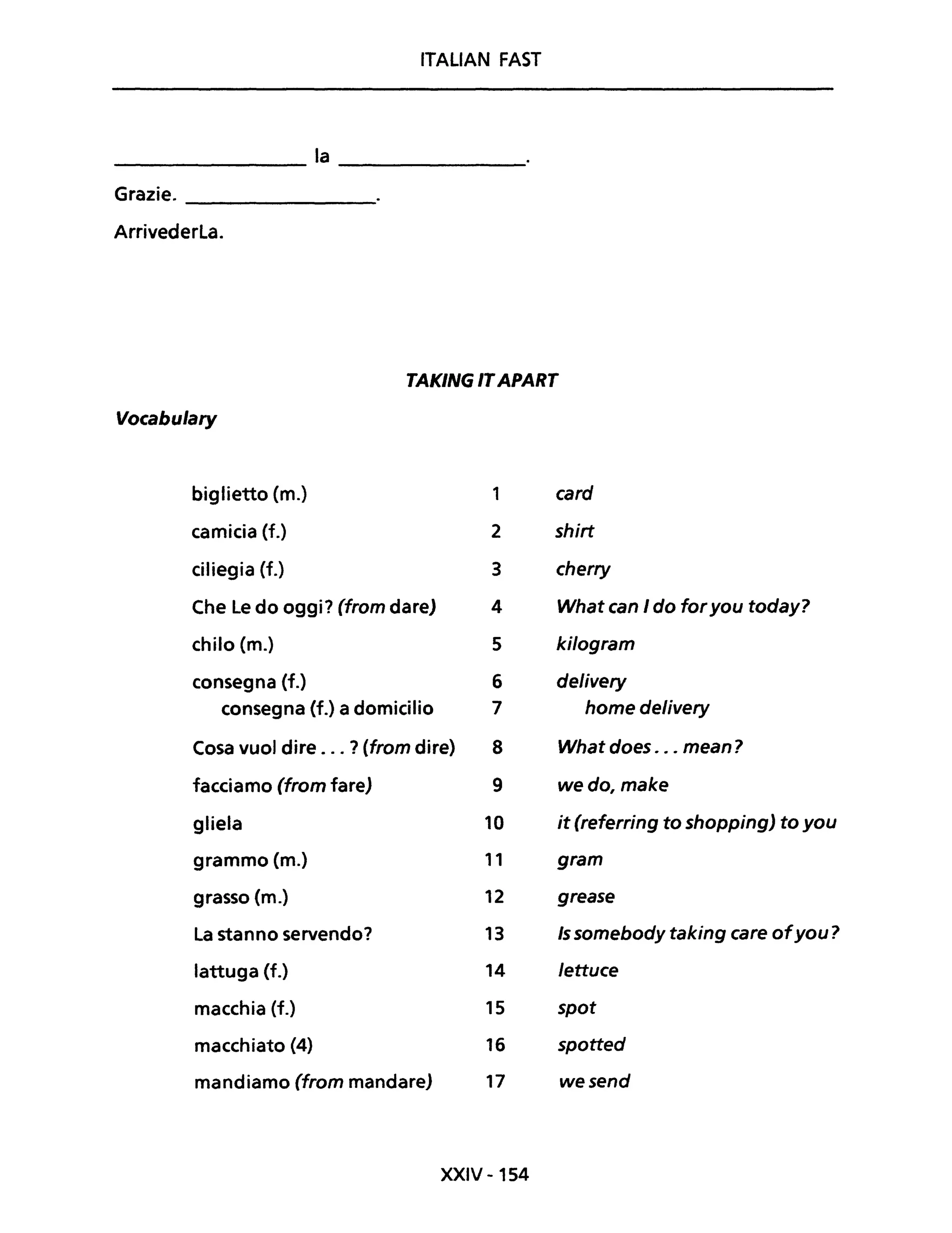 ITALIAN FAST
________ la ________
Grazie.
--------
Arrivederla.
TAKING ITAPART
Vocabulary
biglietto (m.) 1 card
camicia (f.) 2 shirt
ciliegia {f.} 3 cherry
Che Le do oggi? (from dare) 4 What can 1do foryou today?
chilo (m.) 5 kilogram
consegna (f.) 6 delivery
consegna (f.) a domicilio 7 home delivery
Cosa vuoi dire ... ? (from dire) 8 What does ... mean?
facciamo (from fare) 9 wedo, make
gliela 10 it (referring to shopping) to you
grammo (m.) 11 gram
grasso (m.) 12 grease
La stanno servendo? 13 Is somebody taking care ofyou?
lattuga (f.) 14 lettuce
macchia (f.) 15 spot
macchiato (4) 16 spotted
mandiamo (from mandare) 17 wesend
XXIV -154
 