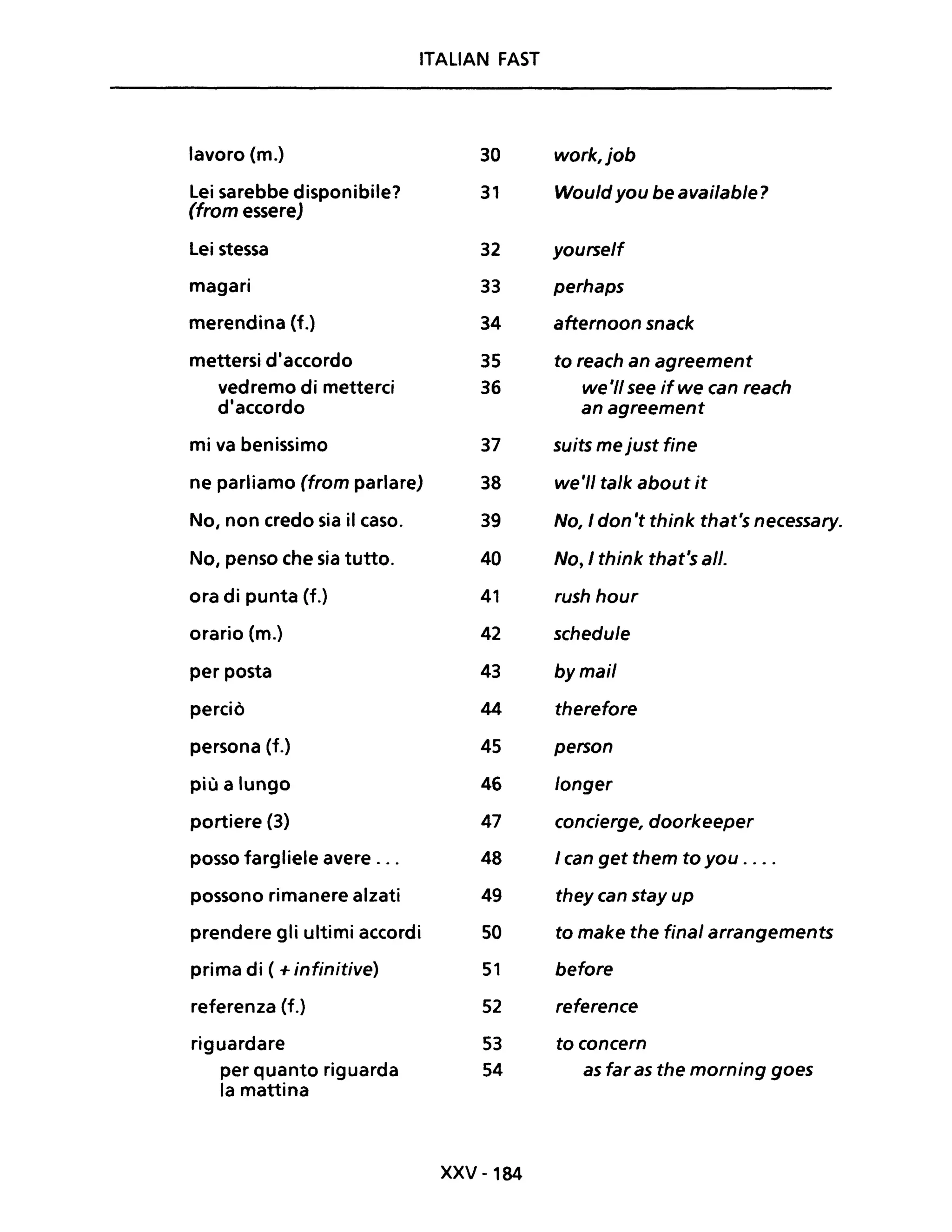 ITALIAN FAST
lavoro (m.) 30 work,job
Lei sarebbe disponibile?
(from essere)
31 Would you be available?
Lei stessa 32 yourself
magari 33 perhaps
merendina (f.) 34 afternoon snack
mettersi d'accordo 35 to reach an agreement
vedremo di metterei 36 we'l/ see ifwe can reach
d'accordo an agreement
mi va benissimo 37 suits me just fine
ne parliamo (from parlare) 38 we'II ta/k about it
No, non credo sia il caso. 39 No, I don 't think that's necessary.
No, penso che sia tutto. 40 No, I think that's ali.
ora di punta (f.) 41 rush hour
orario (m.) 42 schedu/e
per posta 43 bymail
pereiò 44 therefore
persona (f.) 45 person
più a lungo 46 /onger
portiere (3) 47 concierge, doorkeeper
posso fargliele avere ... 48 I can get them to you ....
possono rimanere alzati 49 they can stay up
prendere gli ultimi accordi 50 to make the final arrangements
prima di ( +infinitive) 51 before
referenza (f.) 52 reference
riguardare 53 to concern
per quanto riguarda 54 as far as the morning goes
la mattina
XXV -184
 
