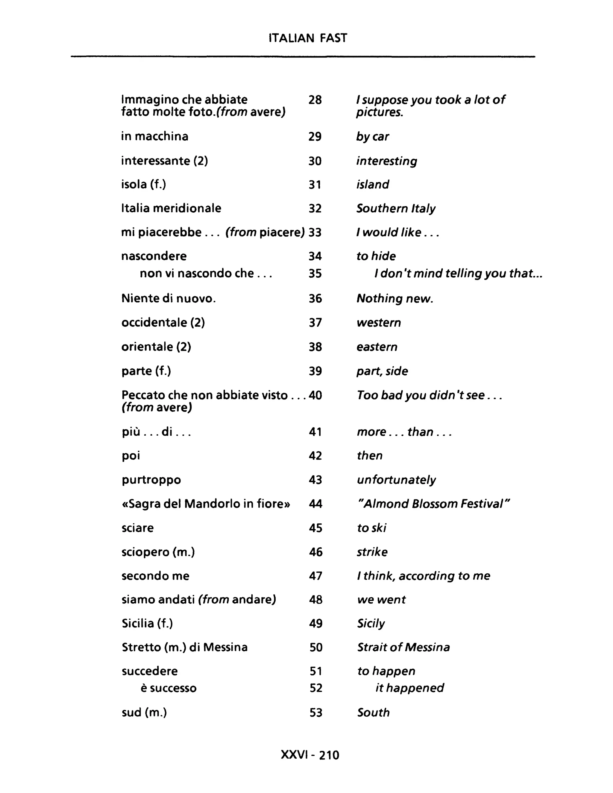 ITALiAN FAST
Immagino che abbiate 28 I suppose you took a /ot of
fatto molte foto.(from avere) pictures.
in macchina 29 bycar
interessante (2) 30 interesting
isola (f.) 31 is/and
Italia meridionale 32 Southern Ita/y
mi piacerebbe ... (from piacere) 33 I would like ...
nascondere 34 to hide
non vi nascondo che ... 35 I don 't mind telling you that...
Niente di nuovo. 36 Nothing new.
occidentale (2) 37 western
orientale (2) 38 eastern
parte (f.) 39 part, side
Peccato che non abbiate visto ... 40 Too bad you didn 't see ...
(trom avere)
più ... di ... 41 more . .. than ...
poi 42 then
purtroppo 43 unfortunately
«Sagra del Mandorlo in fiore» 44 "Almond Blossom Festiva/"
sciare 45 toski
sciopero (m.) 46 strike
secondo me 47 I think, according to me
siamo andati (from andare) 48 we went
Sicilia (f.) 49 Sici/y
Stretto (m.) di Messina 50 Strait ofMessina
succedere 51 to happen
è successo 52 ithappened
sud (m.) 53 South
XXVI- 210
 