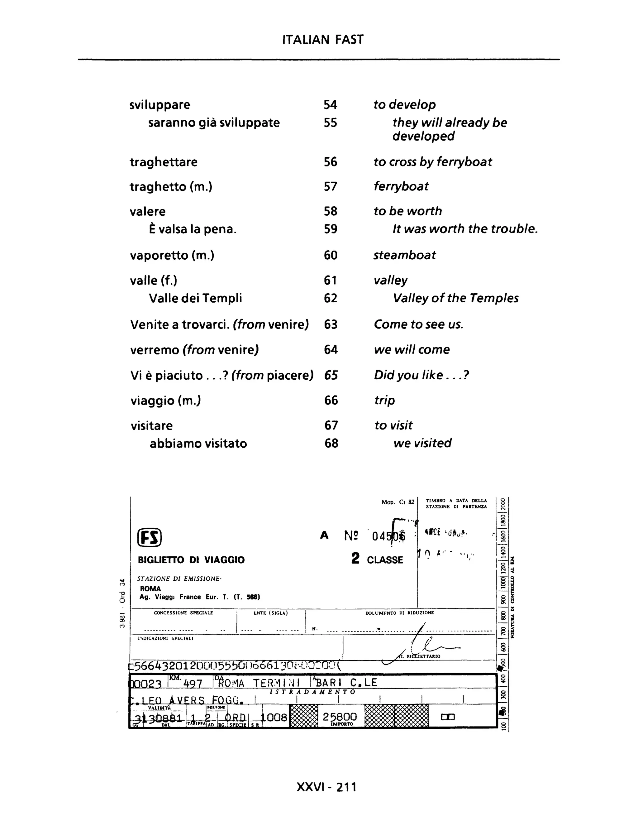 ITALIAN FAST
sviluppare 54 to develop
saranno già sviluppate 55 they will already be
developed
traghettare 56 to cross by ferryboat
traghetto (m.) 57 ferryboat
valere 58 tobe worth
Èvalsa la pena. 59 It was worth the trouble.
vaporetto Cm.) 60 steamboat
valle Cf.) 61 valley
Valle dei Templi 62 Valley ofthe Temples
Venite a trovarci. (from venire) 63 Come to see uso
verremo (from venire) 64 we willcome
Vi è piaciuto .. .? (from piacere) 65 Did you like ... ?
viaggio Cm.) 66 trip
visitare 67 to visit
abbiamo visitato 68 we visited
MOD. Cl 82 TIMBRO A DATA DELLA I§
STAZIONE DI PARTENZA N
A
BIGLIETTO DI VIAGGIO
N~ ·04~'·;
2 CLASSE
l'C! 'd.,,'. ..I :

;'} f..'- - '·1,·' ..,.
I ~ ~
..,. STAZIONE DI EMISSIONE·
C'l
ROMA
Ò Ag. ViaggI France Eur. T. (l. 588)
ISTRADAMENTO
I I
25800IMPORro
XXVI- 211
CI]
- -<
§~
"::'e
~ 8
 