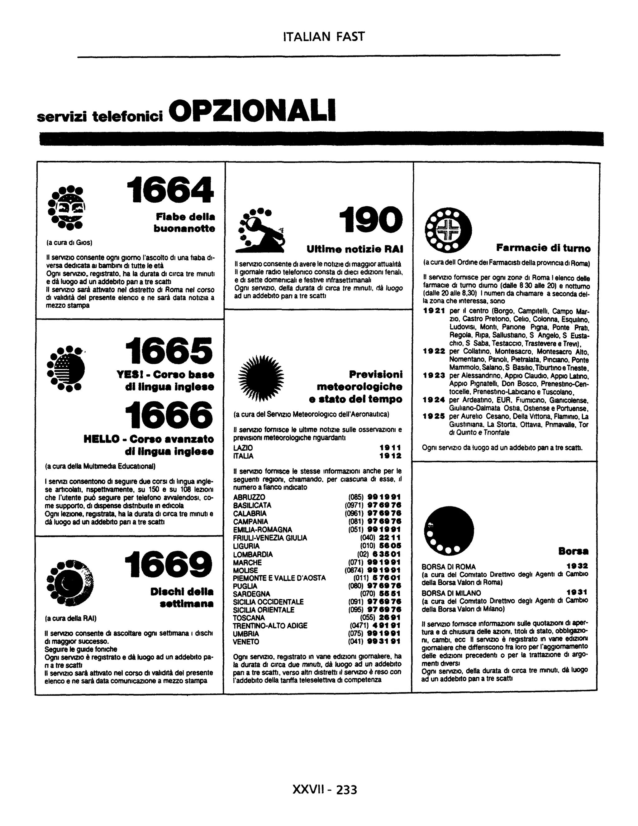ITALIAN FAST
servizi telefonici OPZIONALI
(a cura di GIOS)
1664Fiabe della
buonanotte
Il servIZIO consente ogni giorno l'ascolto di una fiaba di-
versa dedicata 81 bambini di tutte le età
Ogni servIZIO. registrato, ha la durata di circa tre minuti
e dà luogo ad un addebito pan a tre scatti
Il seMZlO sarà attwato nel distretto dI Roma nel corso
dI valIdItà del presente elenco e ne sarà data notizia a
mezzo stampa
••••
•
1665YES. - Corso ba.e
dllingua Ingle.e
1666HELLO - Corso avanzato
di lingua ing_e.e
(a cura della Mulbmedla Educatlonal)
I seMZI consentono dI seguIre due corSi dI lingua Ingle-
se articolati, nspettwamente, su 150 e su 108 lezlO,"
che l'utente può seguire per telefono awaIendosl, co-
me supporto. di dispense dlstnbulte In edicola
Ogni lezaone. registrata. ha la durata di circa tre minuti e
dà luogo ad un addebito pan a tre scatti
la cura della RAI)
1669DI.chl della
••ttlmana
Il sennzao consente di ascoltare ogrn settimana I dlscht
di maggtOr successo.
Seguire le gUide fonIChe
Ogrn seMZlO è registrato e dà luogo ad un addebito pa-
natre scattI
" servIZIO sarà attwato nel corso dl valIdità del presente
elenco e ne sarà data comunIcazione a mezzo stampa
190
~
...• -Il
•• Ultime notizie RAI
" servIZIO consente di avere le notIZie di maggiorattualità
Il gIornale radiO telefOniCO consta di dieCI ediZIOni fenah,
e di sette domenicali efestIVe Infrasettlmanall
OgOl servIZIO, della durata di Circa tre mmutl, rià luogo
ad un addebito pan a tre Scatti
Previsioni
meteorologiche
e .tato del tempo
(a cura del SerllZlO MeteorologiCO dell'Aeronautica)
" servIZIO fornisce le ultime notIZIe sulle osservaziOni e
pr8VIslom meteorologIche nguardantl
LAZIO 1911
ITAUA 1912
Il seMZlO fOrnisce le stesse InformazIOni anche per le
seguenti regIOni, chIamandO. per cIascuna di esse, Il
numero a fllnco Indrcato
ABRUZZO
BASILICATA
CALABRIA
CAMPANIA
EMIUA-ROMAGNA
FRIULI-VENEZIA GIULIA
LIGURIA
LOMBARDIA
MARCHE
MOLISE
PIEMONTE EVALLE D'AOSTA
PUGUA
SARDEGNA
SICIUA OCCIDENTALE
SJCIUA ORIENTALE
TOSCANA
TRENTINO-ALTO ADIGE
UMBRIA
VENETO
(085) 991991
(0971) 9.,.9 7e
(0961) 9.,.9.,8
(081) 9".9.,e
(051) 991991
(040) 2211
(010) leol
(02) 83101
(071) 991991
(0874) 991991
(011) 17e01
(OSO) 9.,.9.,.
(070) SSS1
(091) 9.,.9.,.
(095) 9.,.9.,e
(OSS) 2e91
(0471) 49191
(075) 991991
(041) 993191
Ogni servIZIO, registrato In vane edIZioni gIornaliere. ha
la durata dI Circa due mrnUtl, dà luogO ad un addebIto
pan a tre Scatti, verso altn distrettI" sel'VlZlO è reso con
l'addebito della tanffa teleselettrva di competenza
XXVII- 233
Farmacie di tumo
(a cura dell Ordine del FarmaCisti dellaprOVInCia di Roma)
Il seMZIO fornIsce per ogni zon2 di Roma Ielenco delle
farmaCie dl turno diurno (dalle 8 30 alle 20) e notturno
(dalle 20 alle 8,30) I numen da chiamare a seconda del-
la zona che Interessa, sono
19 21 per Il centro (Borgo, Campltelll, campo Mar-
ZIO, Castro Pretono. Celio, Colonna. Esqullrno,
LudoVlSl. Monti, Panone Pigna. Ponte Prati.
Regola, Ripa. Sallustlano, S Angelo, S Eusta-
ChIO, S $aba, TestacclO, Trastevere e Trevr),
19 22 per Collatlno, Montesacro, Montesacro Alto•
Nomentano. Panoll, Pletralata, PlnClanO, Ponte
Mammolo. Salano. S BaSiliO,TiburtlnoeTneste,
19 23 per Alessandnno, AppiO ClaudiO, AppiO Latmo.
AppIO P,gnatenl, Don Bosco, Prenesbno-Cen-
tocelle, Prenestlno-Lablcano eTuscolano
1924 per Ardeatino, EUR, Flumlcrno. Glanlcolènse,
Giuliano-Dalmata Ostia. Ostlense ePortuense,
19 25 per Aurelio Cesano, Della Vlttona. FlaminIO. La
Glustlnlana, La Storta, OttaVla, Pnmavalle. Tor
dI OUlnto e Tnonfale
09n1 serviZIO da luogo ad un addebito pan a tre scatti.
Borsa
BORSA 01 ROMA 1932
(a cura del Comitato DirettIVO degli Agentl di cambIO
della Borsa Vaion di Roma)
BORSA 01 MILANO 1931
(a cura del Comitato Dlrettrvo degli Agenti di CambIO
della Borsa Valon dI Milano)
" servIZIO fomsce InformazionI sulle quotazlOnr di aper-
tura e di chIusura delle azioni, trtoll di stato, obbllgazro-
nl, cambi, ecc Il servIZIO è registrato m vane edlZlonr
gIornaliere che drffenscono fra loro per l'aggIOrnamento
delle edIZionI precedenti o per la trattazione di argo-
menti diversI
Ogni SeMZlO, della durata di circa tre minuti, dà luogo
ad un addebito pan a tre scatti
 