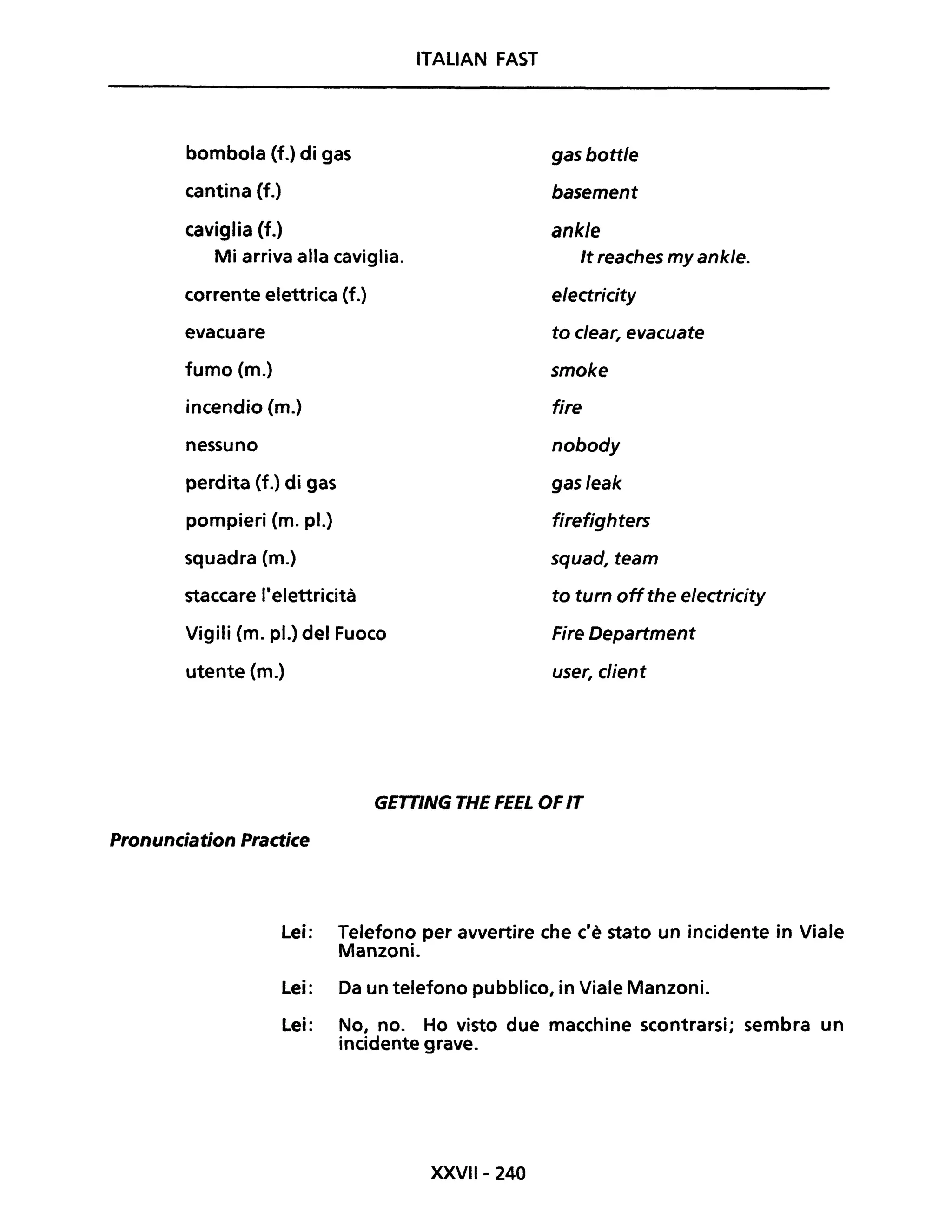 bombola (f.) di gas
cantina (f.)
caviglia (f.)
Mi arriva alla caviglia.
corrente elettrica (f.)
evacuare
fumo (m.)
incendio (m.)
nessuno
perdita (f.) di gas
pompieri (m. pL)
squadra (m.)
staccare l'elettricità
Vigili (m. pl.) del Fuoco
utente (m.)
ITALIAN FAST
gas bottle
basement
ankle
It reaches myankle.
electricity
to clear, evacuate
smoke
fire
nobody
gas leak
firefighters
squad, team
to turn offthe electricity
Fire Department
user, client
GETTING THE FEEL OFIT
Pronunciation Practice
Lei: Telefono per avvertire che c'è stato un incidente in Viale
Manzoni.
Lei: Da un telefono pubblico, in Viale Manzoni.
Lei: No, no. Ho visto due macchine scontrarsi; sembra un
incidente grave.
XXVII- 240
 