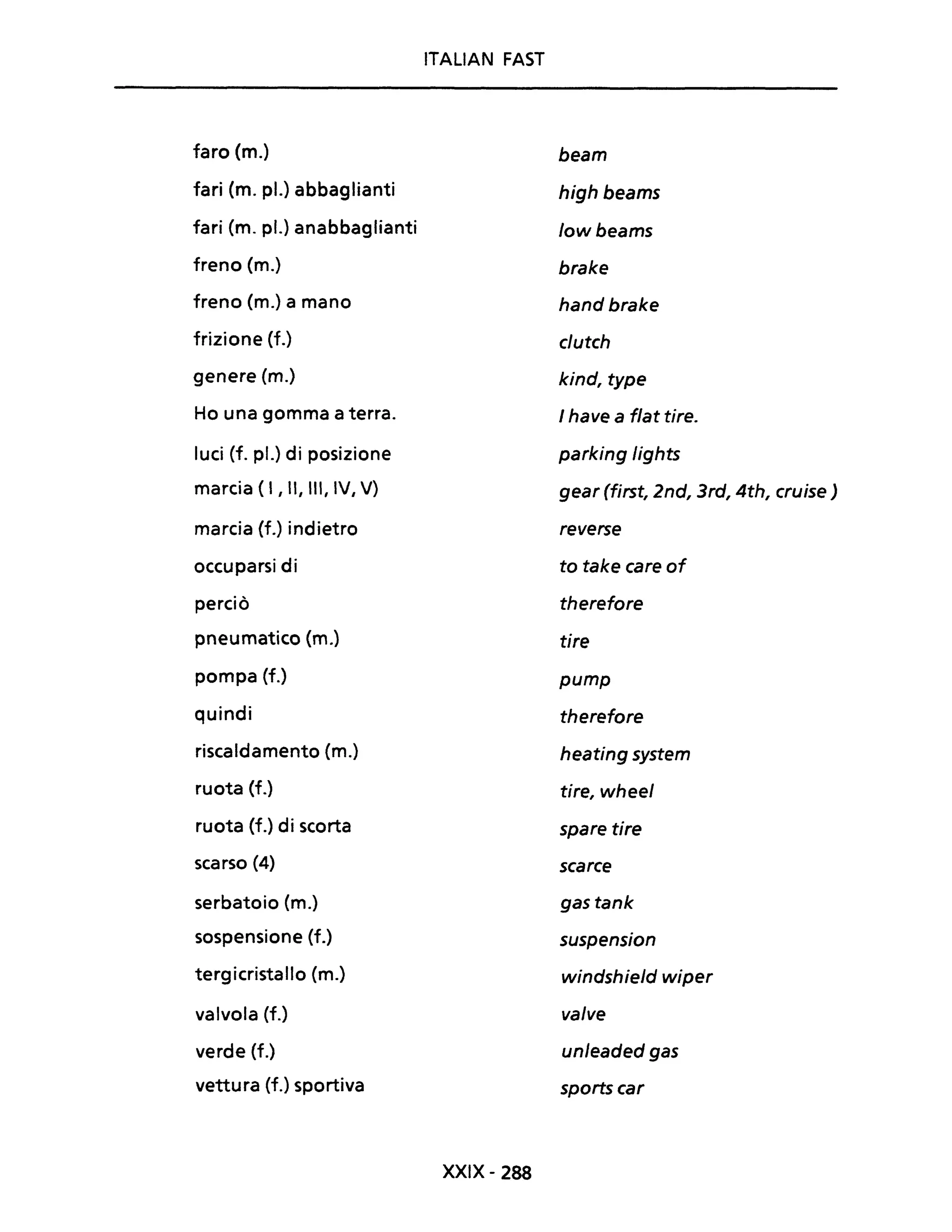 faro (m.)
fari Cm. pl.) abbaglianti
fari (m. pl.) anabbaglianti
freno (m.)
freno (m.) a mano
frizione (f.)
genere (m.)
Ho una gomma a terra.
luci (f. pl.) di posizione
marcia ( I , Il, III, IV, V)
marcia (f.) indietro
occuparsi di
perciò
pneumatico (m.)
pompa (f.)
quindi
riscaldamento (m.)
ruota (f.)
ruota (f.) di scorta
scarso (4)
serbatoio (m.)
sospensione (f.)
tergicristallo (m.)
valvola (f.)
verde (f.)
vettura (f.) sportiva
ITALIAN FAST
XXIX- 288
beam
high beams
lowbeams
brake
hand brake
clutch
kind, type
I have a flat tire.
parking lights
gear (first, 2nd, 3rd, 4th, cruise)
reverse
to take care of
therefore
tire
pump
therefore
heating system
tire, wheel
spare tire
scarce
gas tank
suspension
windshield wiper
valve
unleaded gas
sportscar
 