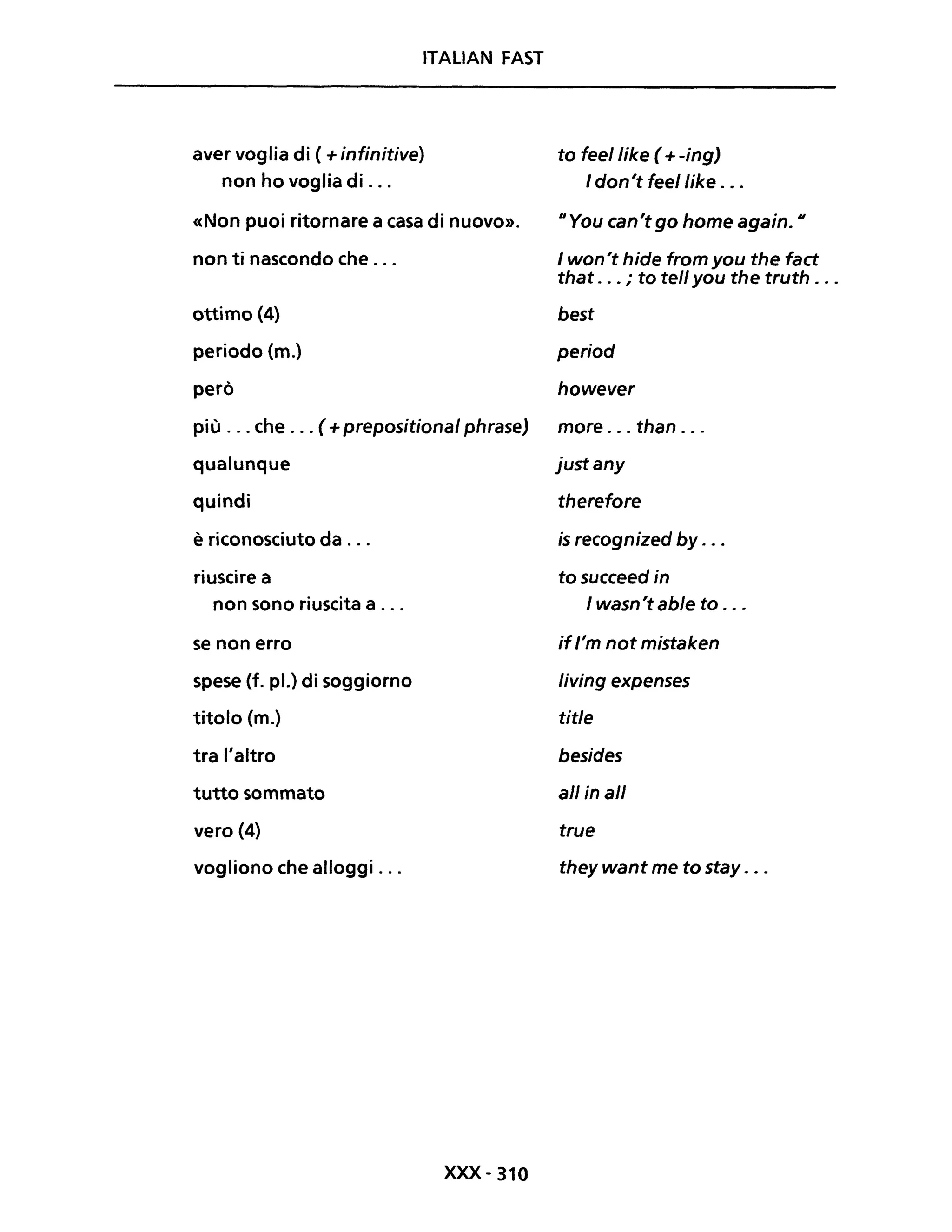 ITALiAN FAST
aver voglia di ( +infinitive)
non ho voglia di ...
«Non puoi ritornare a casa di nuovo».
non ti nascondo che ...
ottimo (4)
periodo (m.)
però
più ... che ... (+ prepositional phraseJ
qualunque
quindi
è riconosciuto da ...
riuscire a
non sono riuscita a ...
se non erro
spese (f. pl.) di soggiorno
titolo (m.)
tra l'altro
tutto sommato
vero {4}
vogliono che alloggi ...
xxx -310
to feellike ( +-ing)
I don't feellike ...
"You can't go home again. M
I won't hide tram you the fact
that . .. ; to tell you the truth ...
best
period
however
more . .. than ...
justany
therefore
is recognized by ...
to succeed in
I wasn't able to ...
ifl'm not mistaken
living expenses
title
besides
ali in ali
true
they want me to stay . ..
 
