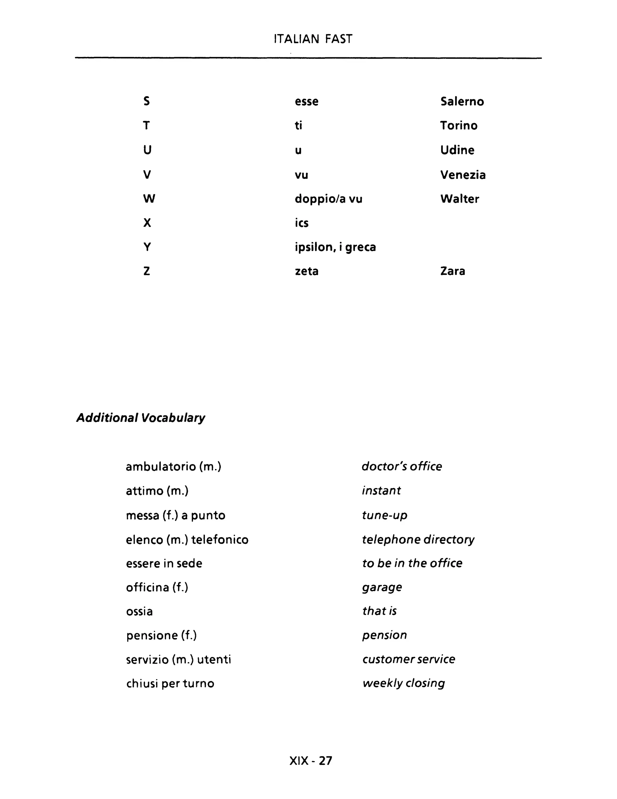 ITALIAN FAST
S esse Salerno
T ti Torino
U u Udine
V vu Venezia
W doppiala vu Walter
X ics
y ipsilon, i greca
Z zeta Zara
Additional Vocabulary
ambulatorio (m.) doctor's office
attimo (m.) instant
messa (f.) a punto tune-up
elenco (m.) telefonico telephone directory
essere in sede to be in the office
officina (f.) garage
ossia that is
pensione (f.) pension
servizio (m.) utenti customer service
chiusi per turno weekly closing
XIX - 27
 