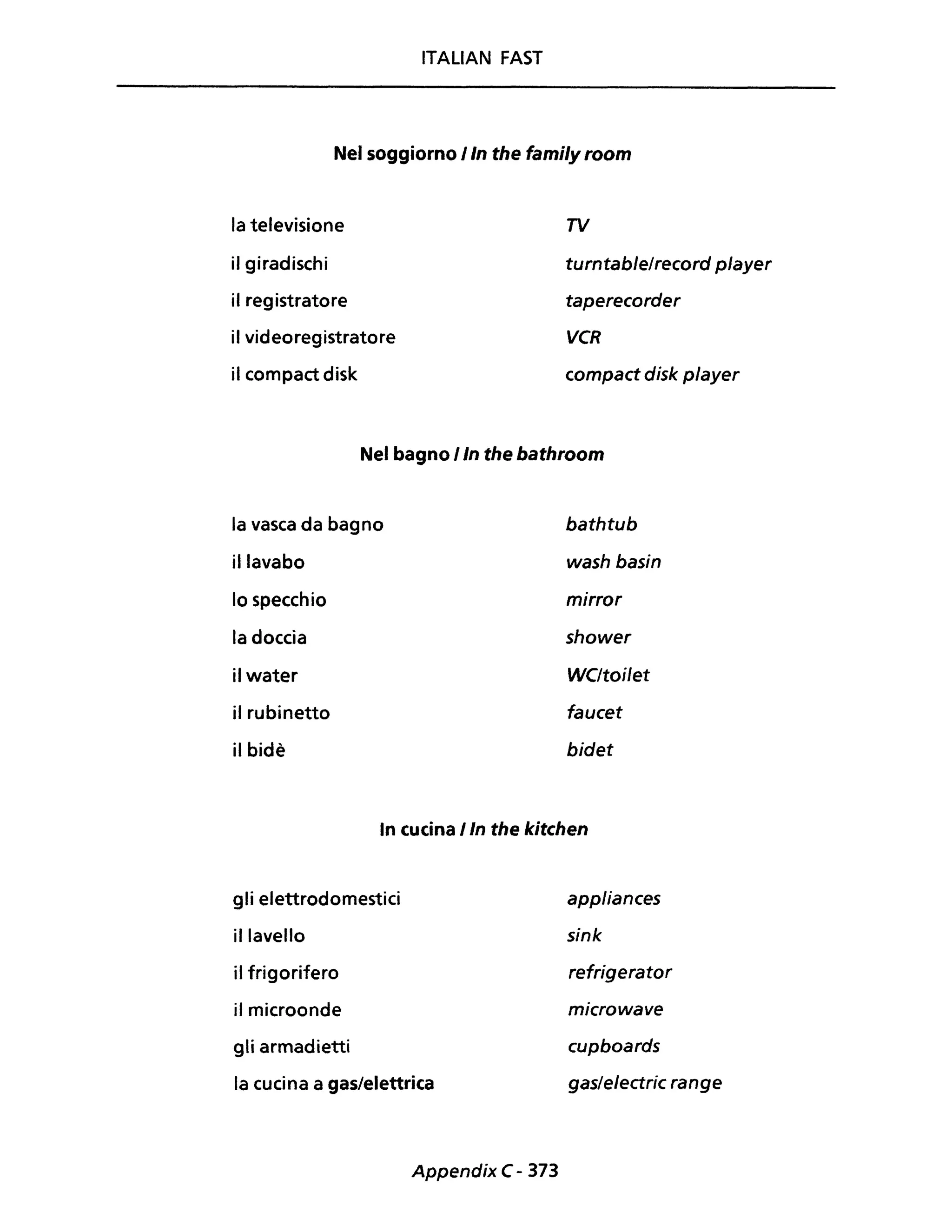 ITALIAN FAST
Nel soggiorno Iin the fami/y room
la televisione
il giradischi
il registratore
il videoregistratore
il compact disk
TV
turntable/record player
taperecorder
VCR
compact disk player
Nel bagno Iin the bathroom
la vasca da bagno bathtub
il lavabo wash basin
lo specchio mirror
la doccia shower
il water WC/toi/et
il rubinetto faucet
il bidè bidet
In cucina Iln the kitchen
gli elettrodomestici
illavello
il frigorifero
il microonde
gli armadietti
la cucina a gas/elettrica
Appendix C- 373
appliances
sink
refrigerator
microwave
cupboards
gas/electric range
 