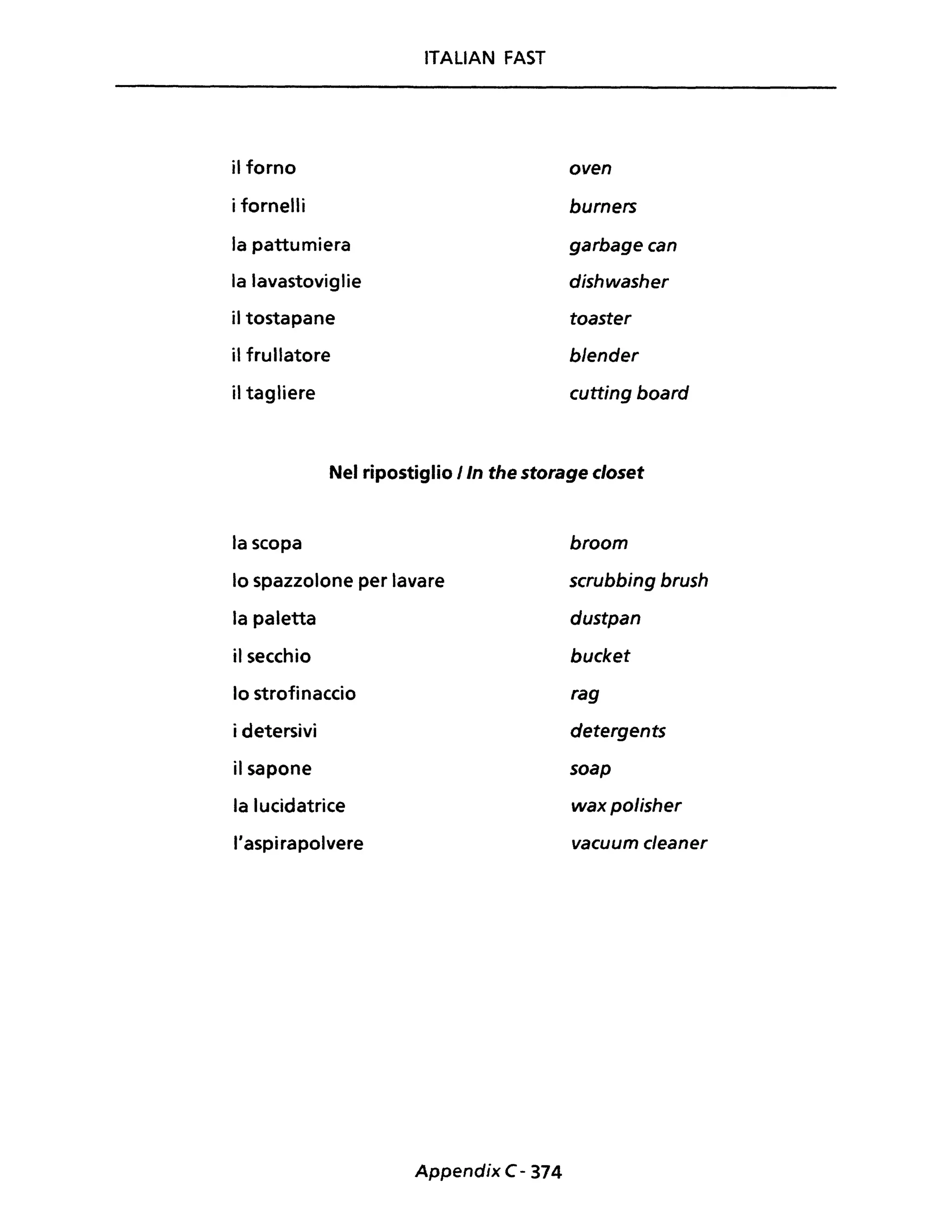 ITALIAN FAST
il forno oven
i fornelli burners
la pattumiera garbagecan
la lavastoviglie dishwasher
il tostapane toaster
il frullatore blender
il tagliere cutting board
Nel ripostiglio JIn the storage closet
la scopa broom
lo spazzolone per lavare scrubbing brush
la paletta dustpan
il secchio bucket
lo strofinaccio rag
i detersivi detergents
il sapone soap
la lucidatrice wax polisher
l'aspirapolvere vacuum cleaner
Appendix C- 374
 