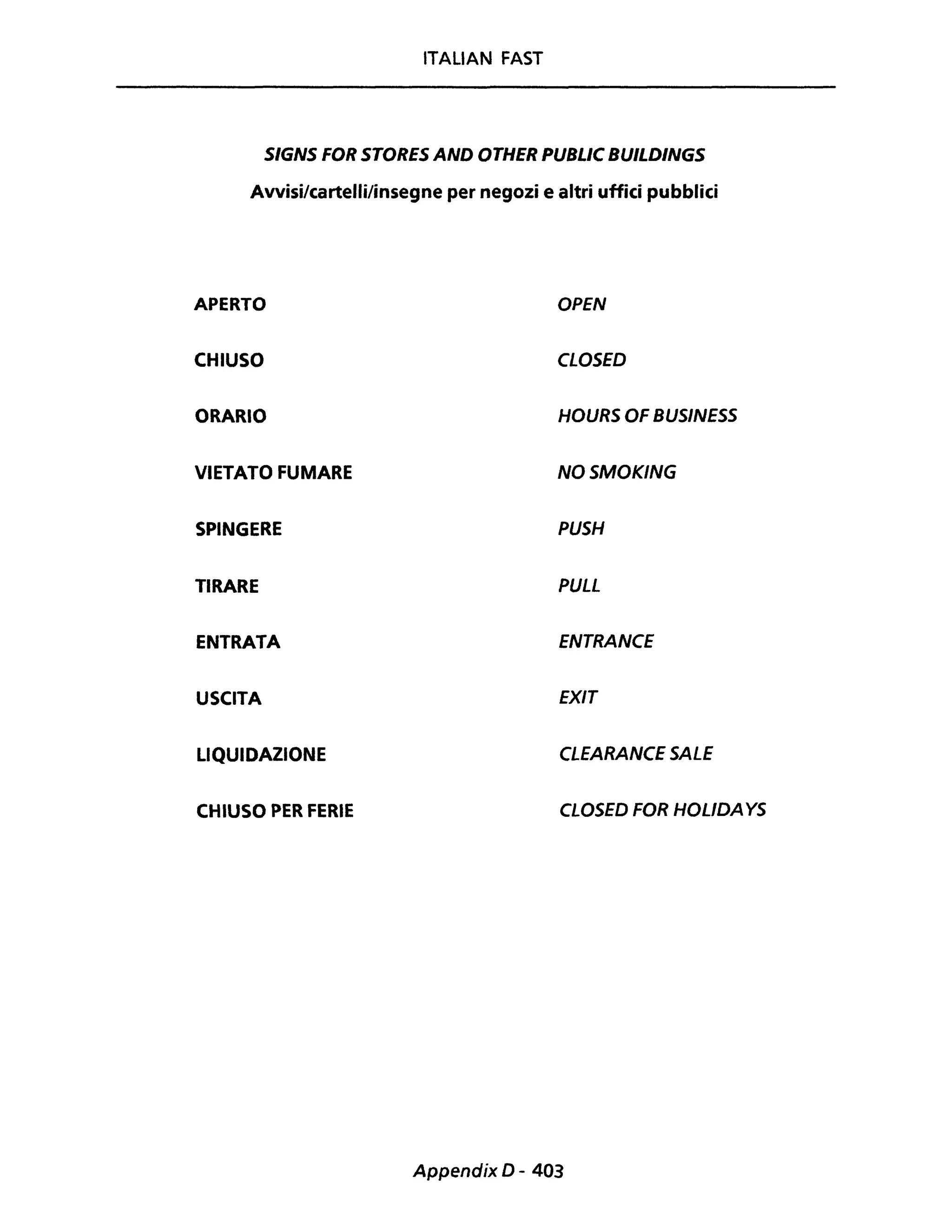 ITALiAN FAST
SIGNS FOR STORES AND OTHER PUBLIC BUILDINGS
Avvisi/cartelli/insegne per negozi e altri uffici pubblici
APERTO OPEN
CHIUSO CLOSED
ORARIO HOURS OF BUSINESS
VIETATO FUMARE NO SMOKING
SPINGERE PUSH
TIRARE PULL
ENTRATA ENTRANCE
USCITA EXIT
LIQUIDAZIONE CLEARANCE SALE
CHIUSO PER FERIE CLOSED FOR HOL/DAYS
Appendix D - 403
 
