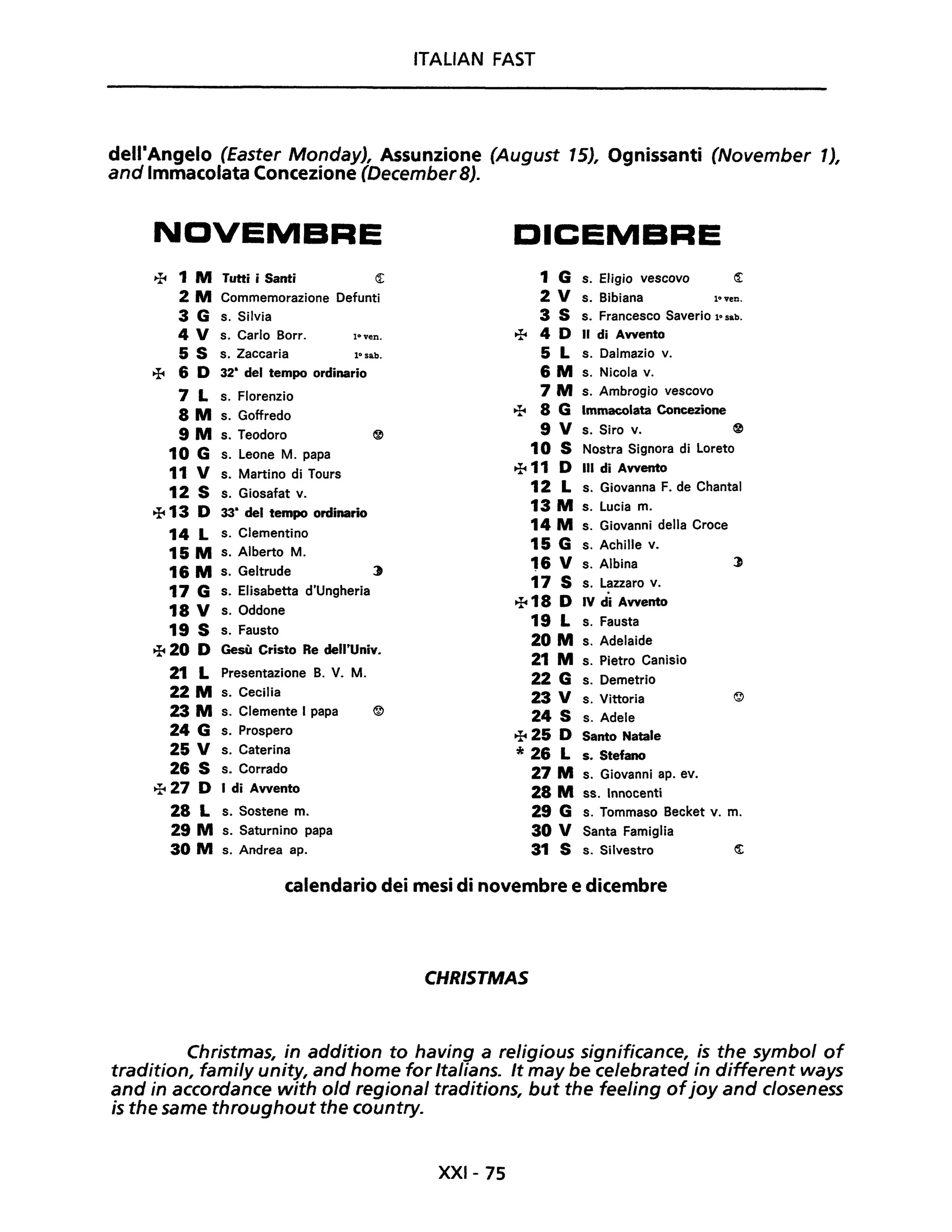 ITALIAN FAST
dell
l
Angelo (Easter MondayJ, Assunzione (August 15J, Ognissanti (November 1J,
and Immacolata Concezione (December 8).
NDVEMBRE
~ 1 M Tutti i Santi
2 M Commemorazione Defunti
3 G s. Silvia
4 V S. Carlo Borr. loven.
5 S S. Zaccaria 1° sab.
~ 6 D 32- del tempo ordinario
7 L S. Florenzio
8 M S. Goffredo
9 M S. Teodoro @
10 G S. Leone M. papa
11 V S. Martino di Tours
12 S S. Giosafat V.
~ 13 D 33- del tempo ordinario
14 L S. Clementino
15 M S. Alberto M.
16 M S. Geltrude :)
17 G S. Elisabetta d'Ungheria
18 V S. Oddone
19 S S. Fausto
+ 20 D Gesù Cristo Re dell'Univ.
21 L Presentazione B. V. M.
22 M S. Cecilia
23 M S. Clemente I papa ®
24 G S. Prospero
25 V S. Caterina
26 S S. Corrado
+27 D I di Avvento
28 L S. Sostene m.
29 M S. Saturnino papa
30 M S. Andrea ap.
DICEMBRE
1 G s. Eligio vescovo <r
2 V s. Bibiana 1° ven.
3 S s. Francesco Saverio 1° sab.
~ 4 D Il di Avvento
5 L s. Dalmazio v.
6 M s. Nicola v.
7 M s. Ambrogio vescovo
~ 8 G Immacolata Concezione
9 V s. Siro v. @
10 S Nostra Signora di Loreto
~ 11 D III di Avvento
12 L s. Giovanna F. de Chantal
13 M s. Lucia m.
14 M s. Giovanni della Croce
15 G S. Achille v.
16 V s. Albina :)
17 S s. Lazzaro v.
~ 18 D IV di Avvento
19 L s. Fausta
20 M s. Adelaide
21 M s. Pietro Canisio
22 G s. Demetrio
23 V S. Vittoria ©
24 S s. Adele
~ 25 D Santo Natale
* 26 L s. Stefano
27 M s. Giovanni ap. evo
28 M ss. Innocenti
29 G S. Tommaso Becket V. m.
30 V Santa Famiglia
31 S S. Silvestro ~
calendario dei mesi di novembre e dicembre
CHRISTMAS
Christmas, in addition to having a religious significance, is the symbol of
tradition, fami/y unity, and home for Italians. It may be celebrated in different ways
and in accordance with old regional traditions, but the feeling ofjoy and closeness
is the same throughout the country.
XXI- 75
 